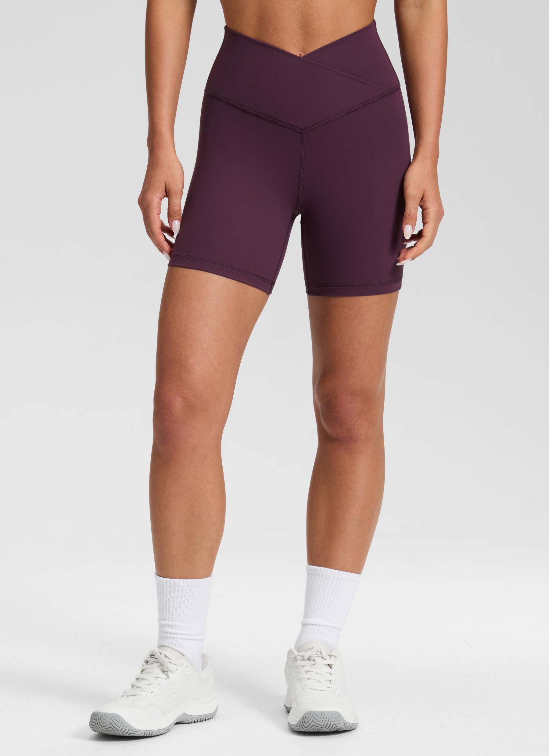 CRZ YOGA Women's High Rise Butterluxe V Cross Waist Biker Shorts 5'' Deep Purple