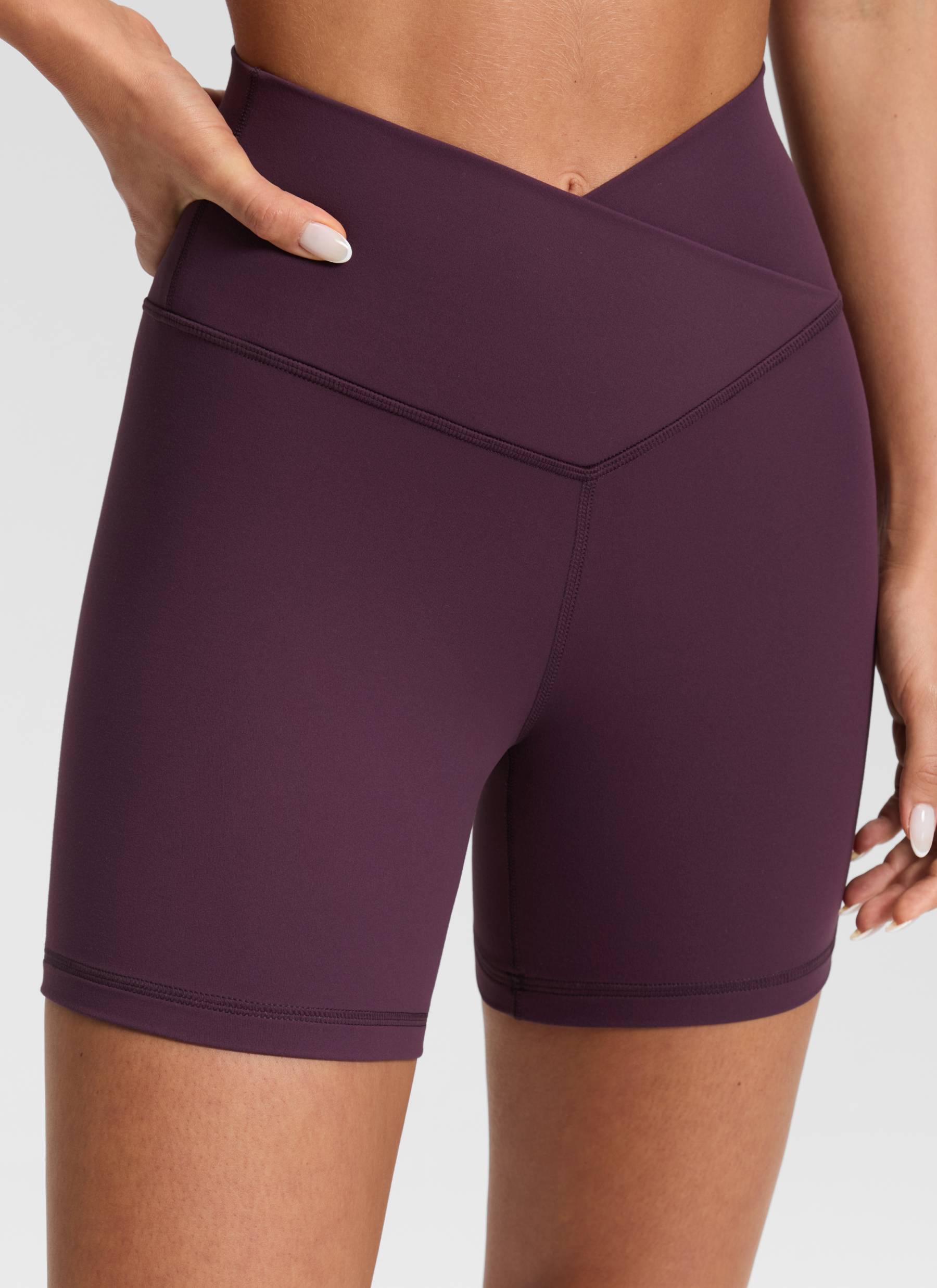 CRZ YOGA Women's High Rise Butterluxe V Cross Waist Biker Shorts 5'' Deep Purple