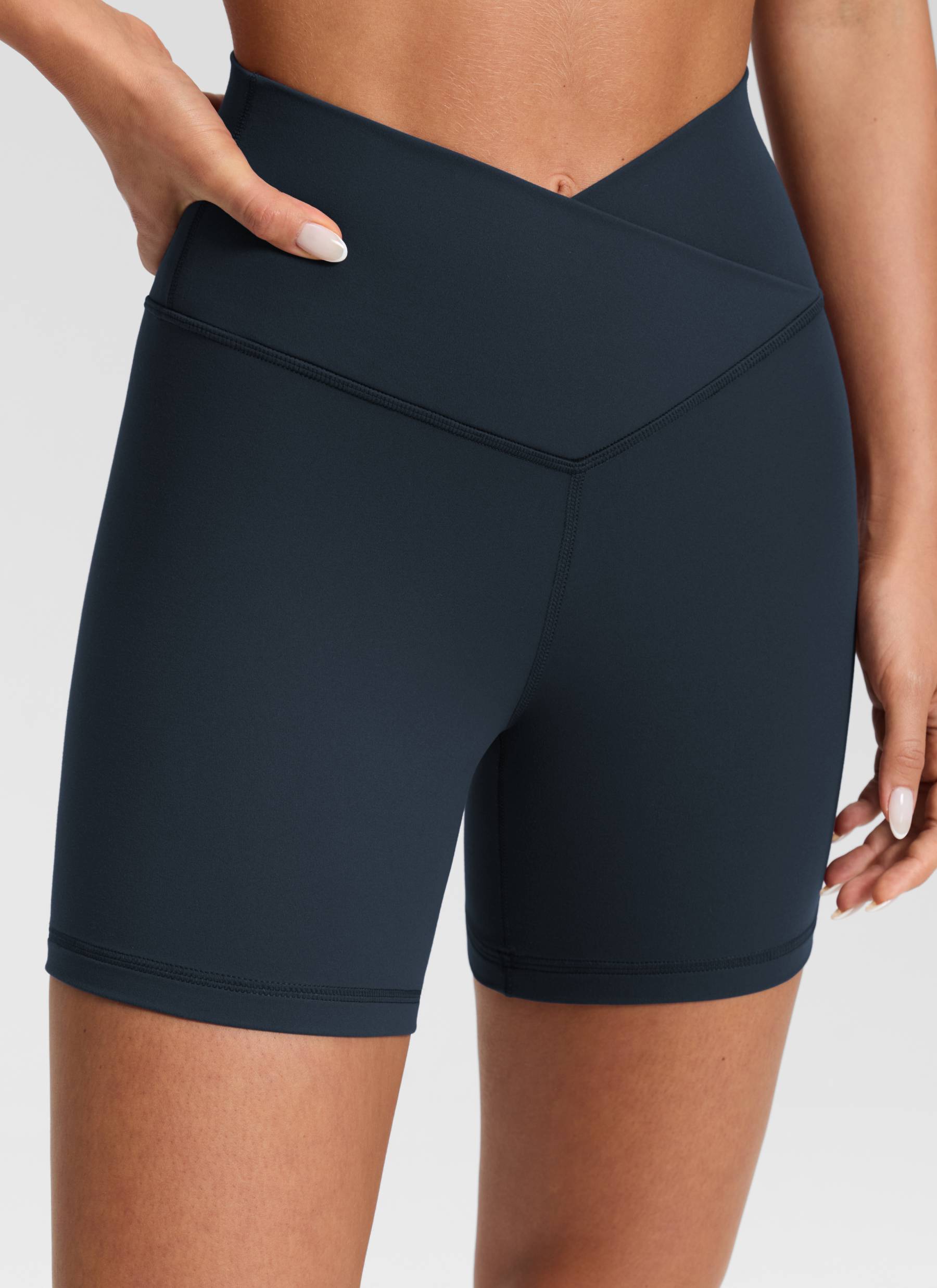 CRZ YOGA Women's High Rise Butterluxe V Cross Waist Biker Shorts 5'' True Navy