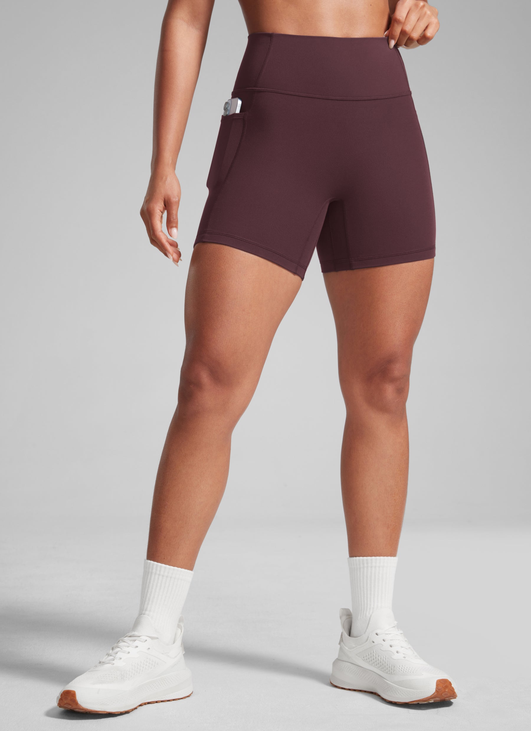 CRZ YOGA Butterlift Womens Scrunch Butt No Front Seam Pocket Biker Shorts 5'' Ripe Plum