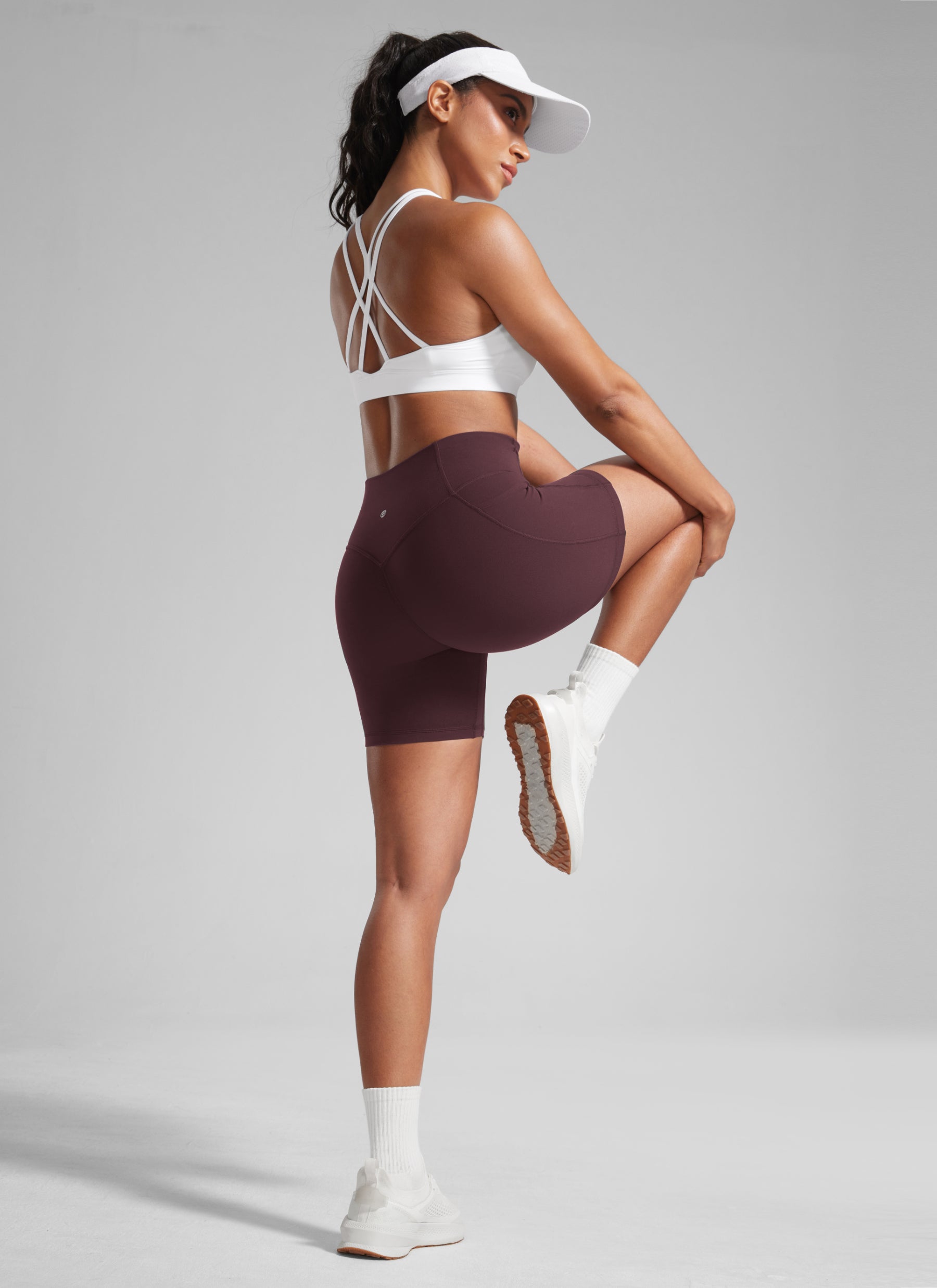 CRZ YOGA Butterlift Womens Scrunch Butt No Front Seam Pocket Biker Shorts 5'' Ripe Plum