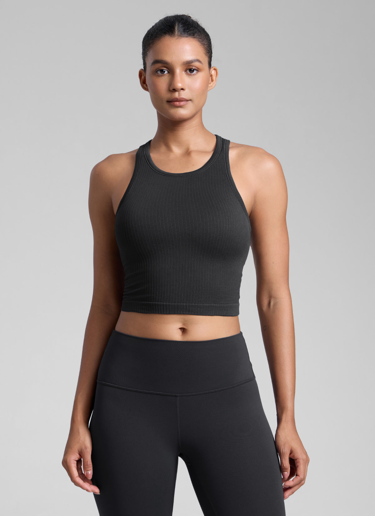 CRZ YOGA Women's Yoga Slim Fit Tops Seamless Longline Tank High Neck Black