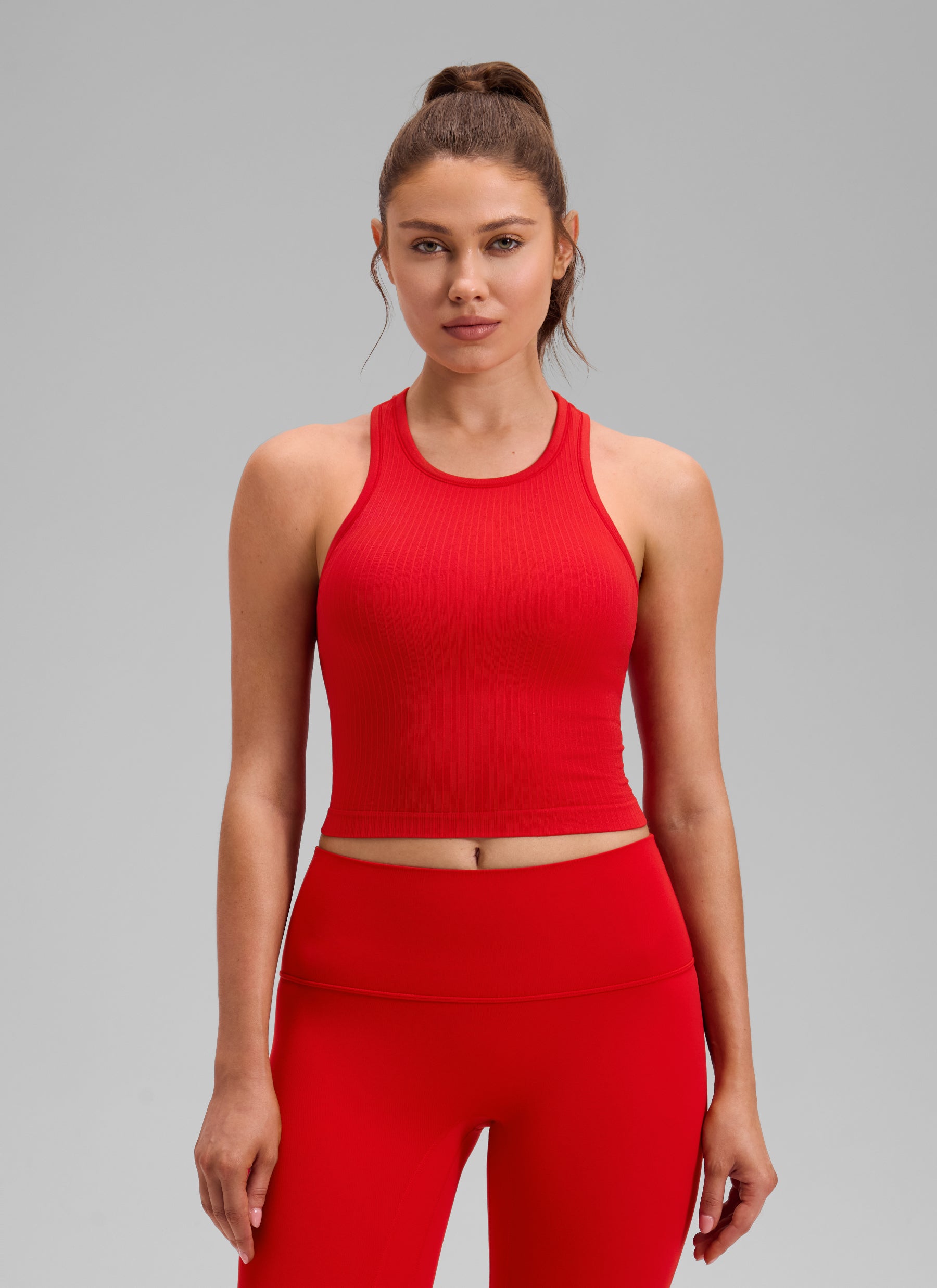 CRZ YOGA Women's Yoga Slim Fit Tops Seamless Longline Tank High Neck Deep Red