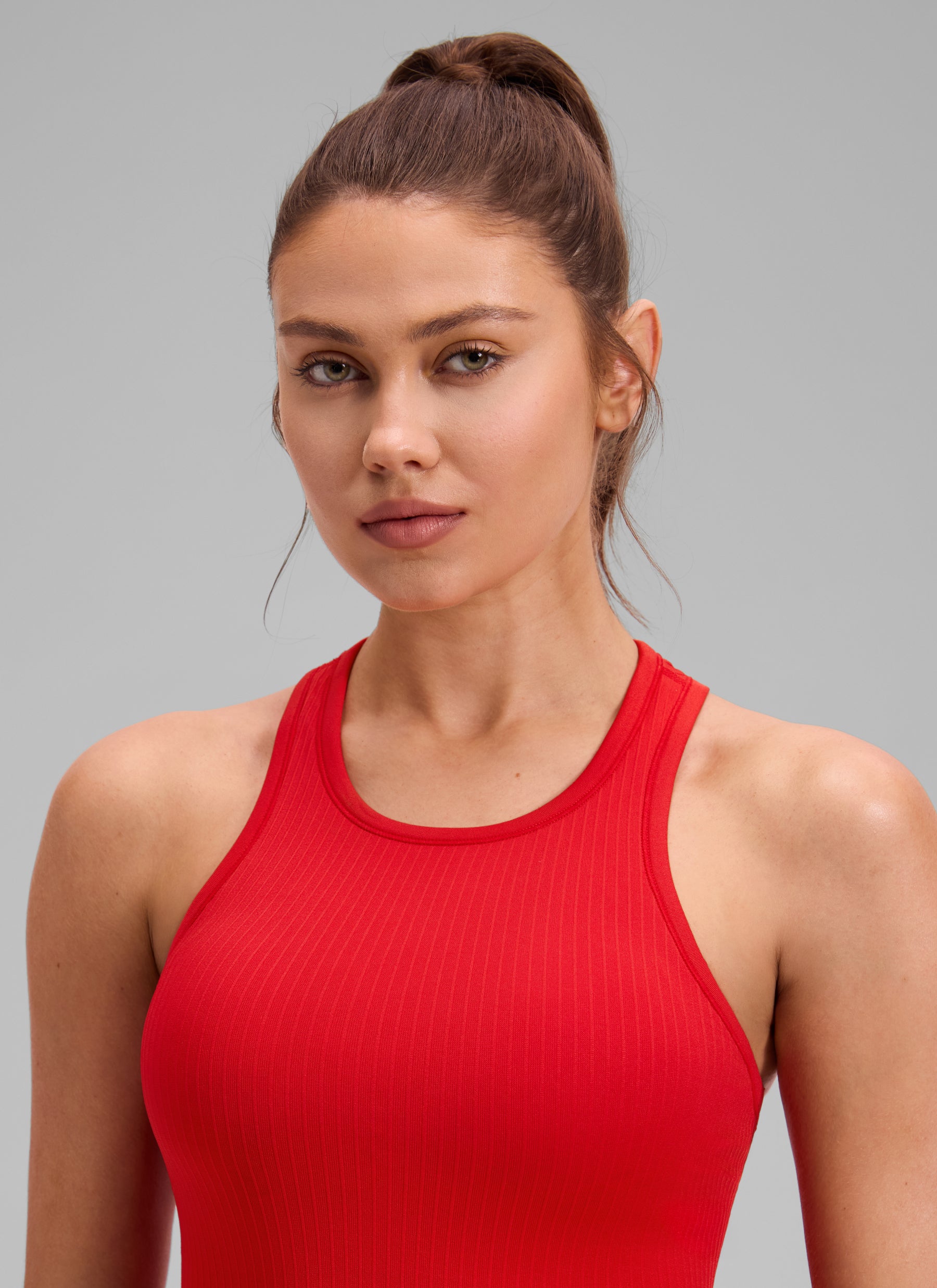 CRZ YOGA Women's Yoga Slim Fit Tops Seamless Longline Tank High Neck Deep Red