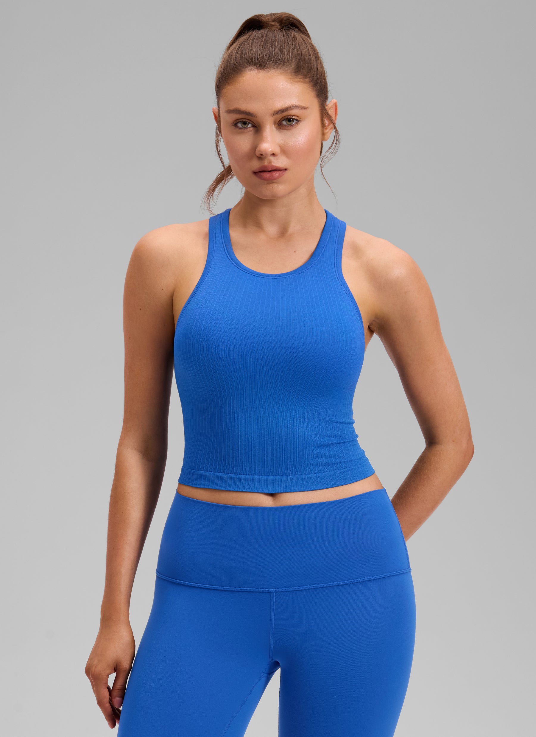CRZ YOGA Women's Yoga Slim Fit Tops Seamless Longline Tank High Neck Sparkle Blue