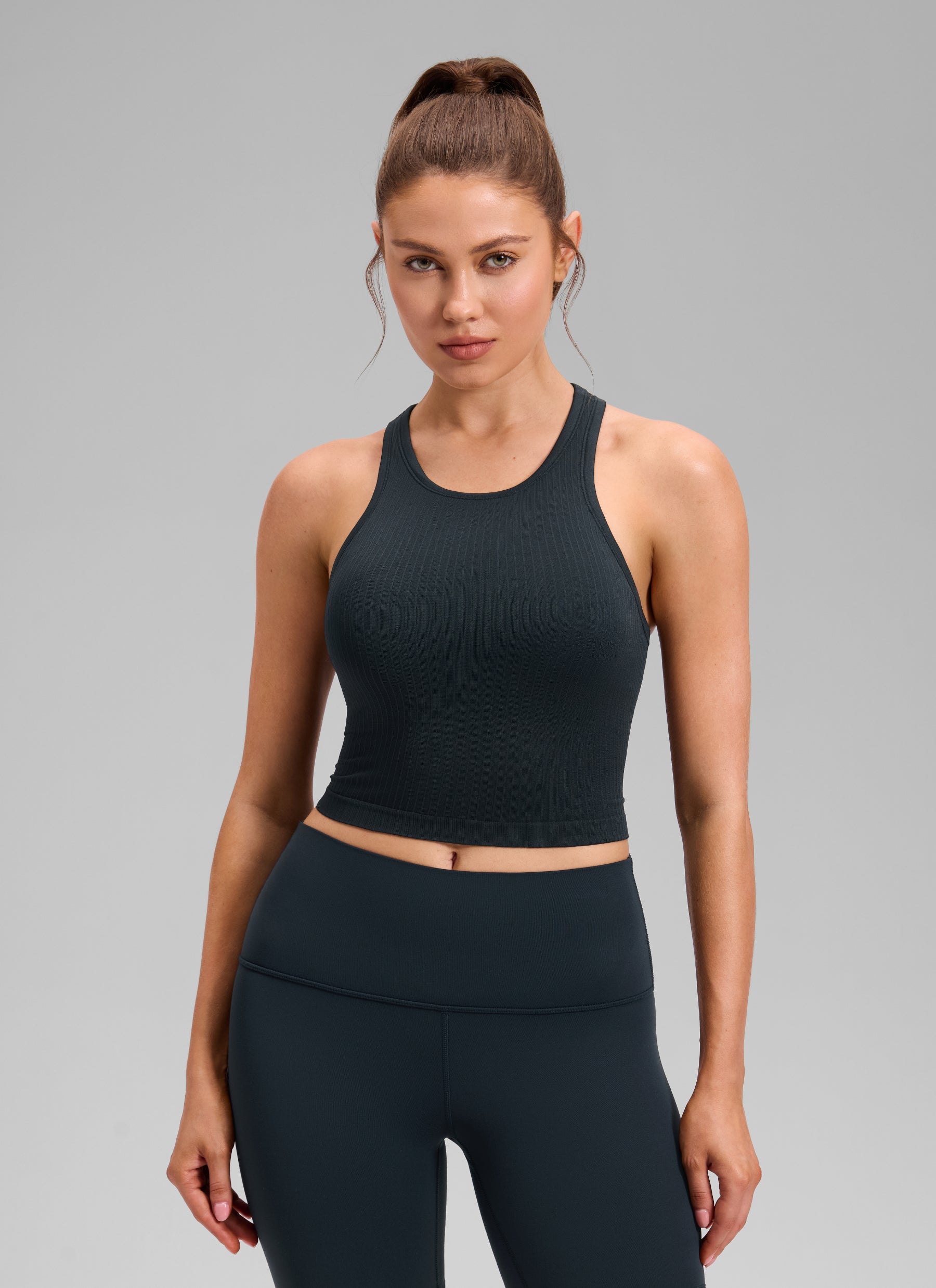 CRZ YOGA Women's Yoga Slim Fit Tops Seamless Longline Tank High Neck True Navy