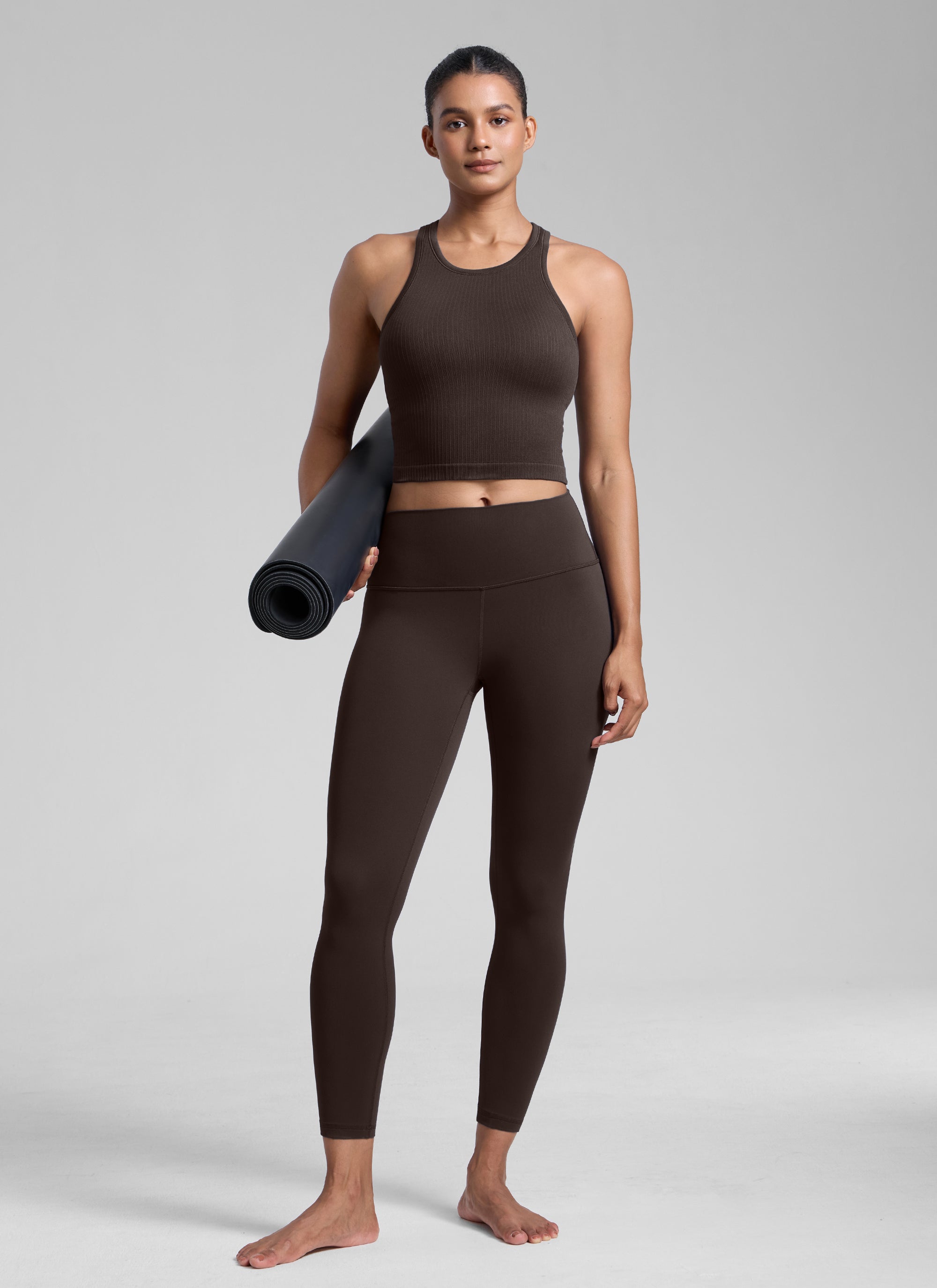 CRZ YOGA Women's Yoga Slim Fit Tops Seamless Longline Tank High Neck Hot Fudge Brown