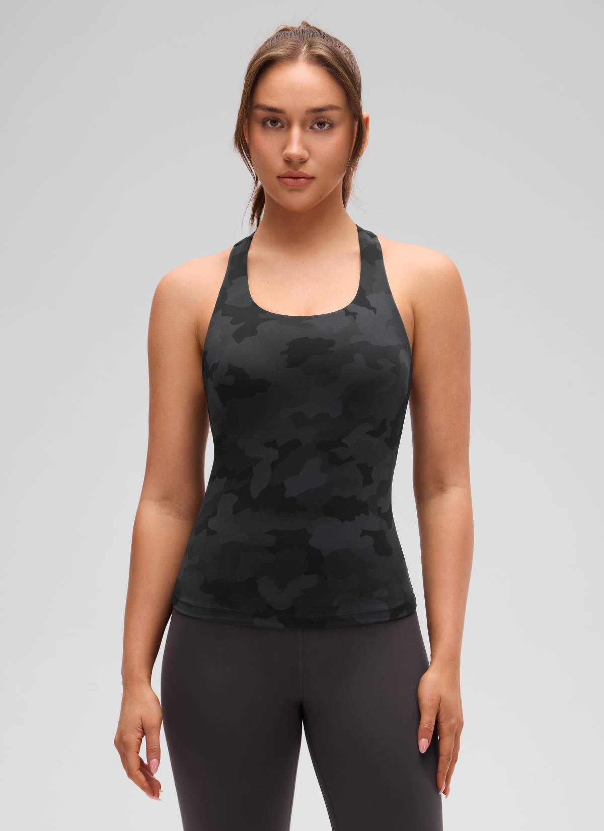 CRZ YOGA Women's Yoga Tight Fit Tops Butterluxe Built-in Bra Tank Dark Grey Camouflage 2