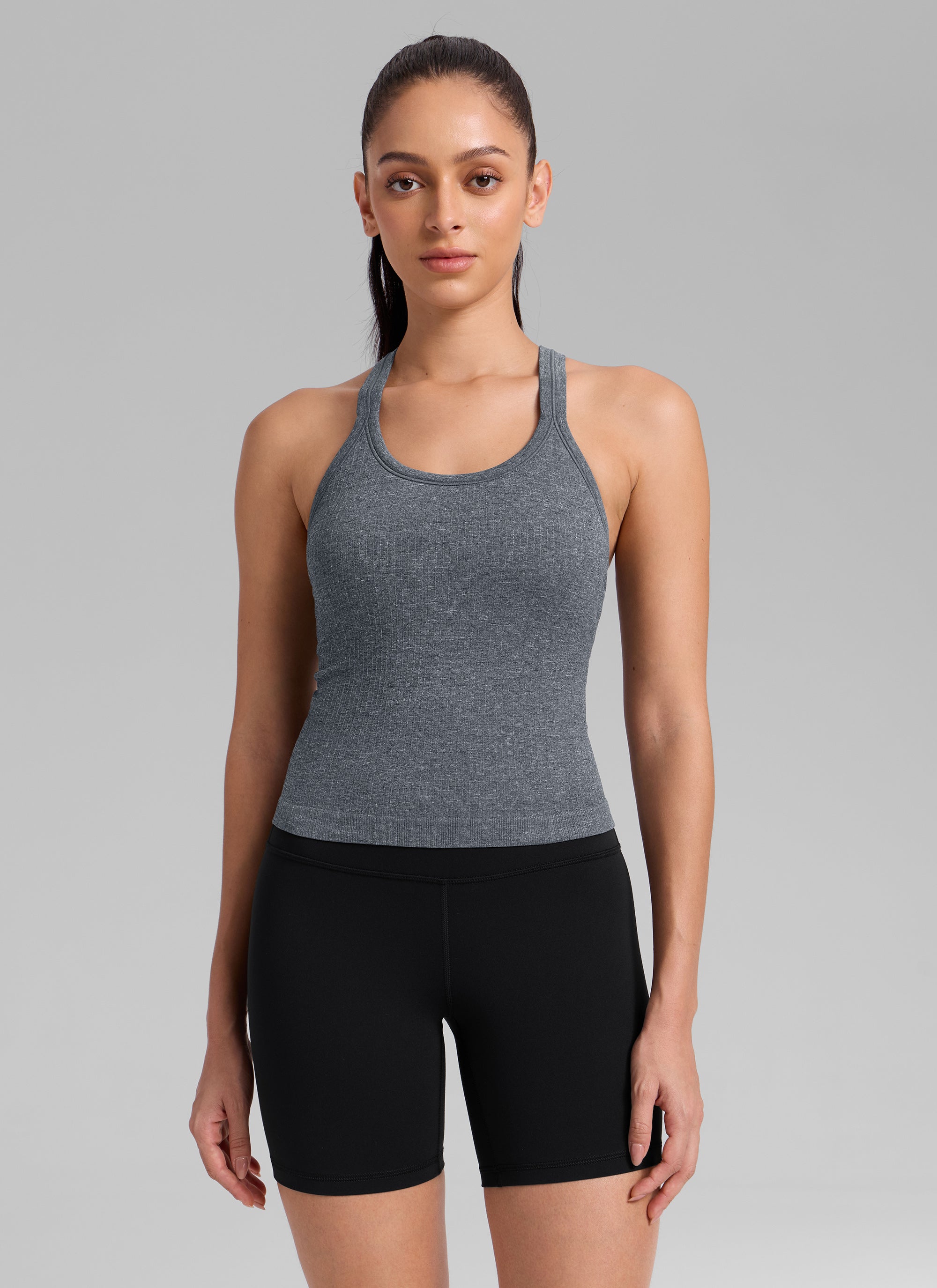 CRZ YOGA Women's Yoga Slim Fit Seamless Tank Crew Neck Waist Length Light Gray 7