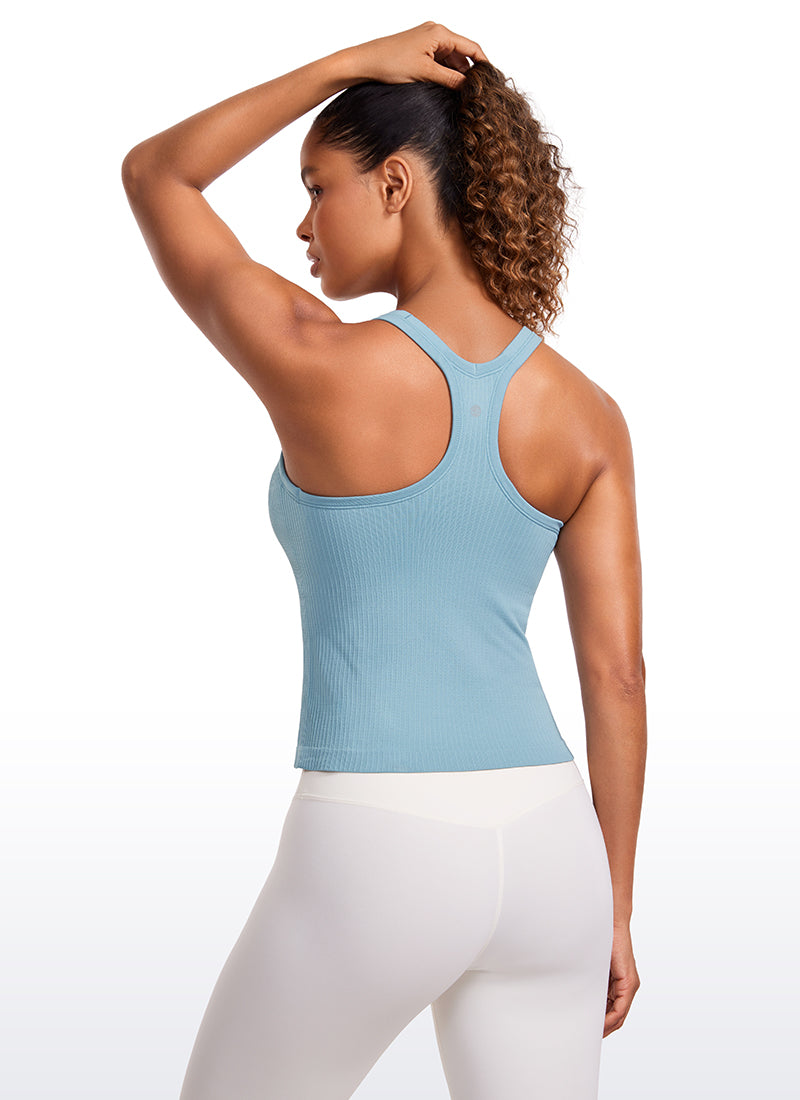 CRZ YOGA Women's Yoga Slim Fit Seamless Tank Crew Neck Waist Length Pure Blue