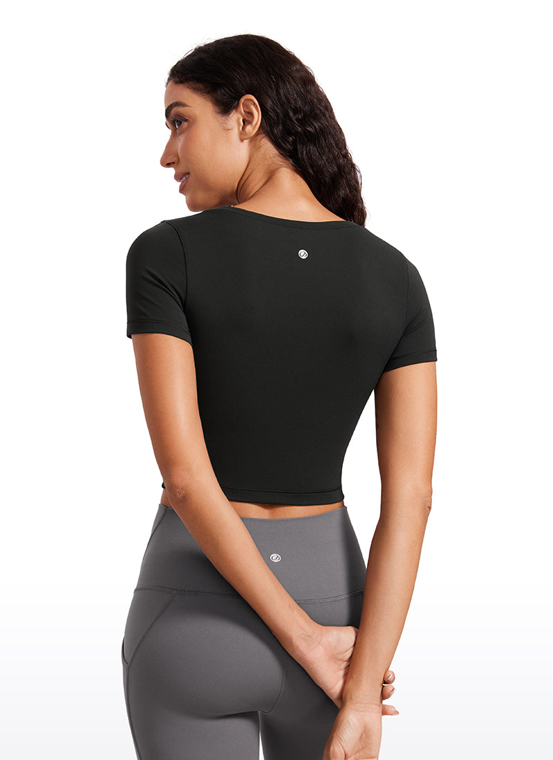 CRZYOGA Women's Slim Fit Scoop Neck Cropped Short Sleeves Black