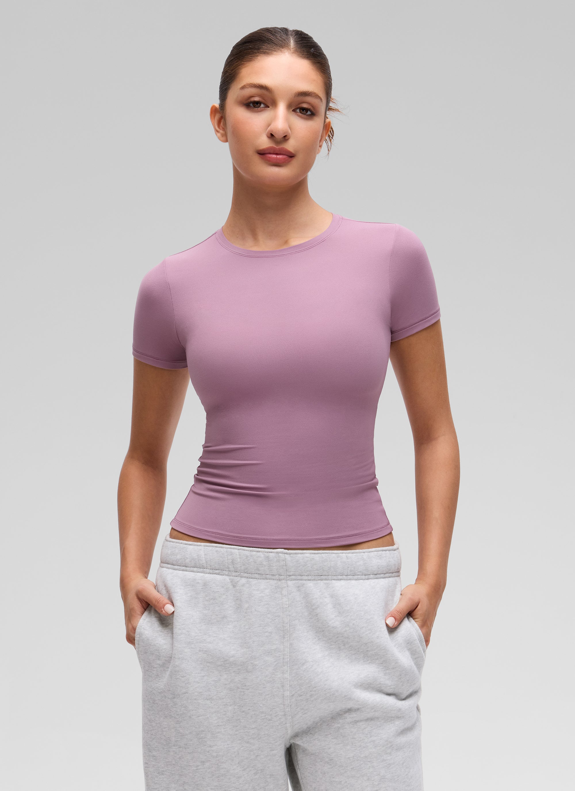 CRZ YOGA Women Going Out Tops Soft High Crew Neck Casual Tight Shirts Light Lavender