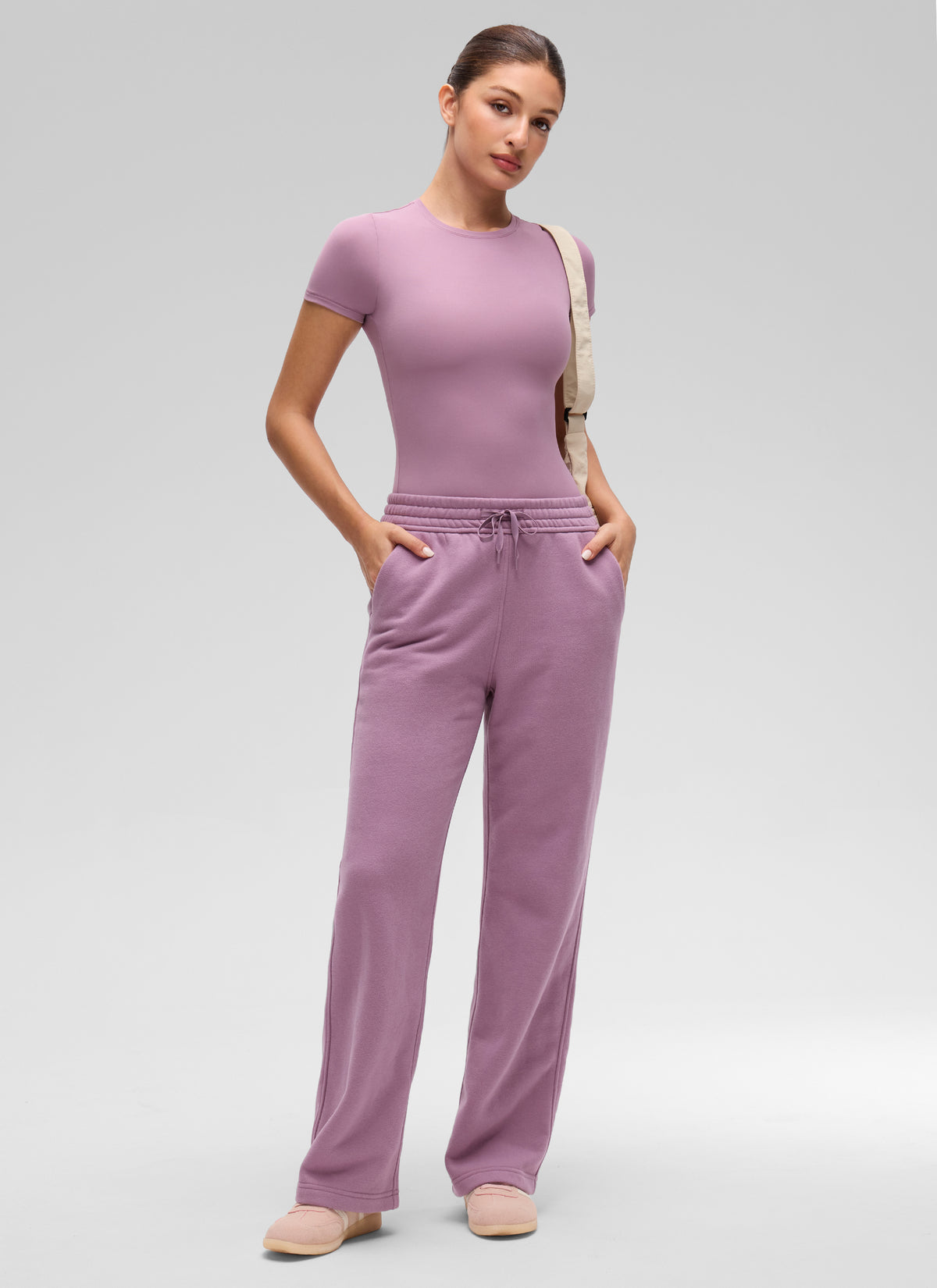 CRZ YOGA Women's Going Out Tops Soft High Crew Neck Casual Tight Shirts Light Lavender @model_info:Inga