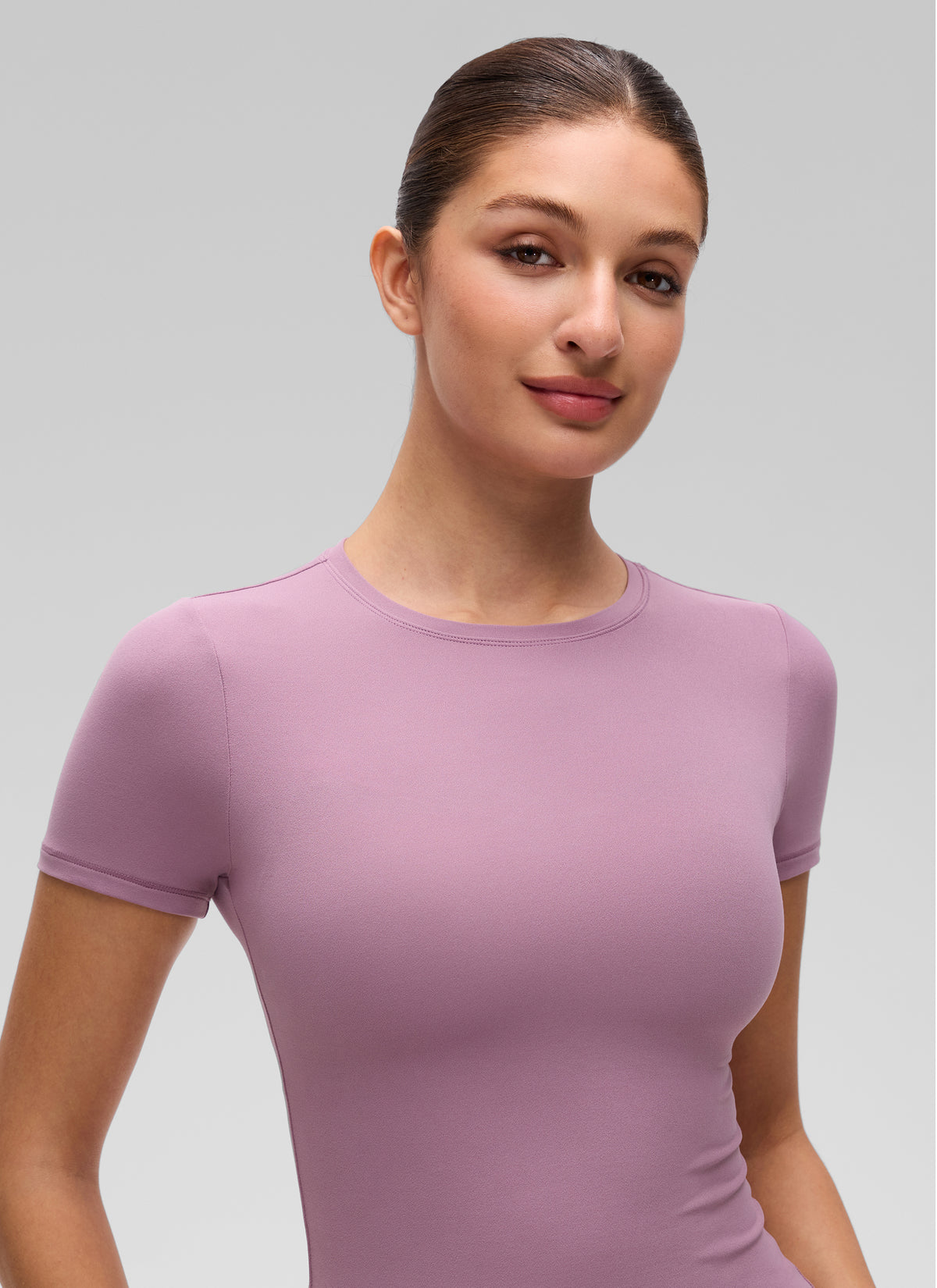 CRZ YOGA Women's Going Out Tops Soft High Crew Neck Casual Tight Shirts Light Lavender @model_info:Inga