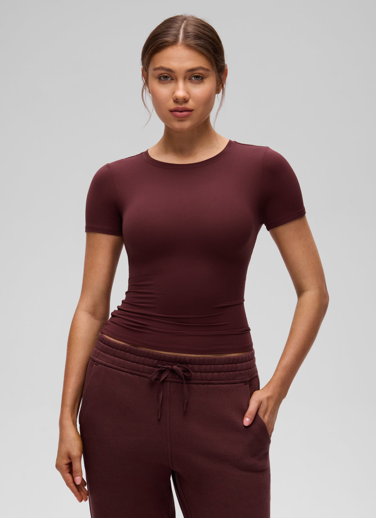 CRZ YOGA Women's Going Out Tops Soft High Crew Neck Casual Tight Shirts Red Merlot @model_info:Valeria
