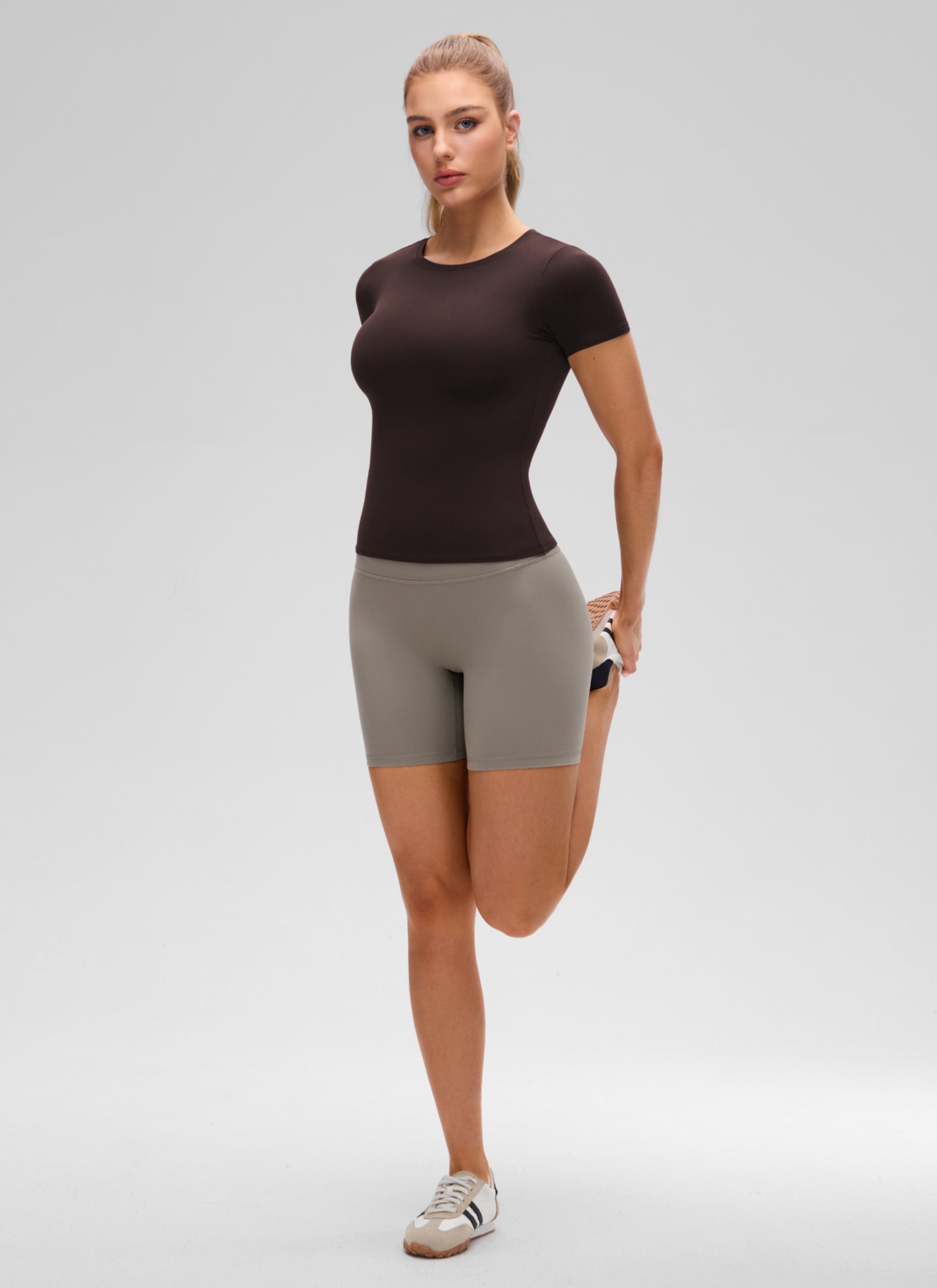 CRZ YOGA Women Going Out Tops Soft High Crew Neck Casual Tight Shirts Hot Fudge Brown