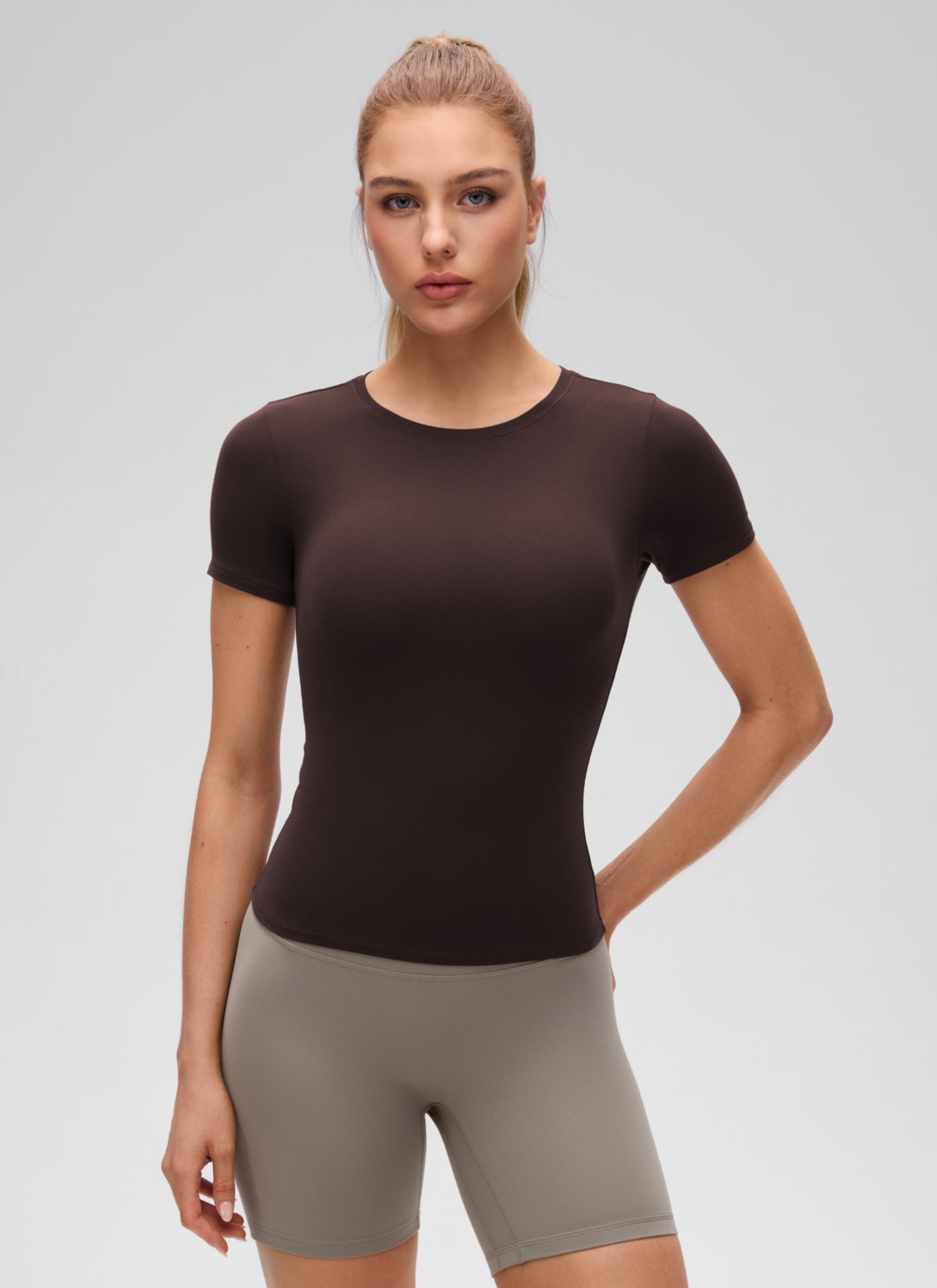 CRZ YOGA Women's Going Out Tops Soft High Crew Neck Casual Tight Shirts Hot Fudge Brown @model_info:A