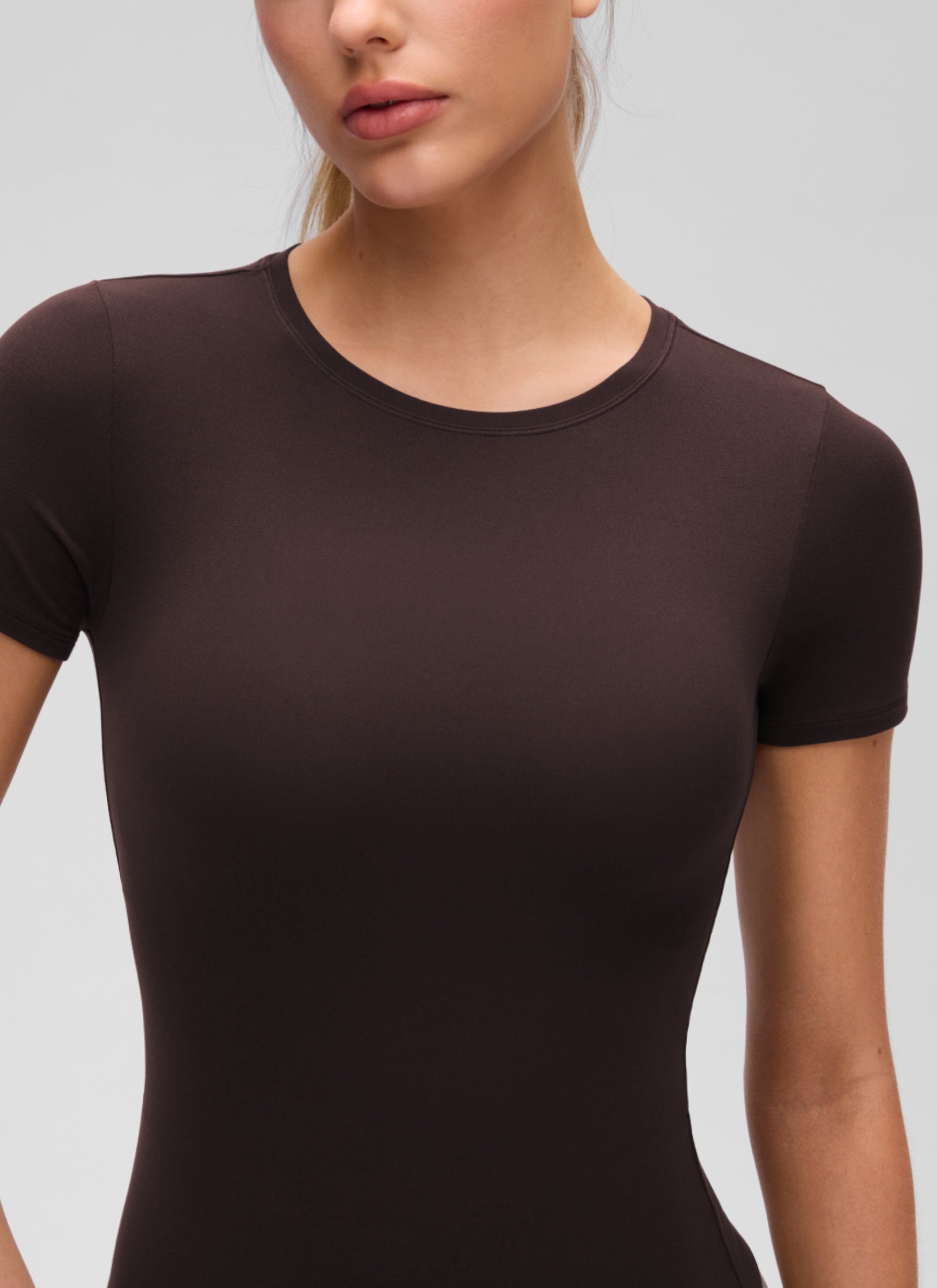 CRZ YOGA Women Going Out Tops Soft High Crew Neck Casual Tight Shirts Hot Fudge Brown