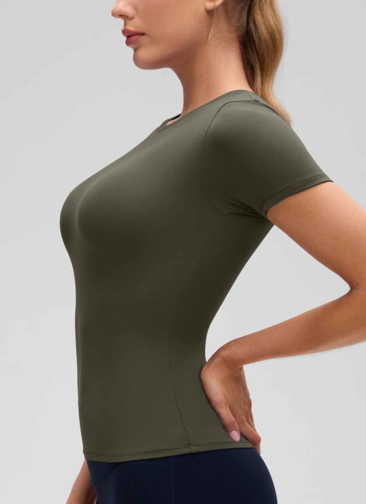 CRZ YOGA Women's Going Out Tops Soft High Crew Neck Casual Tight Shirts Light Army Green @model_info:A