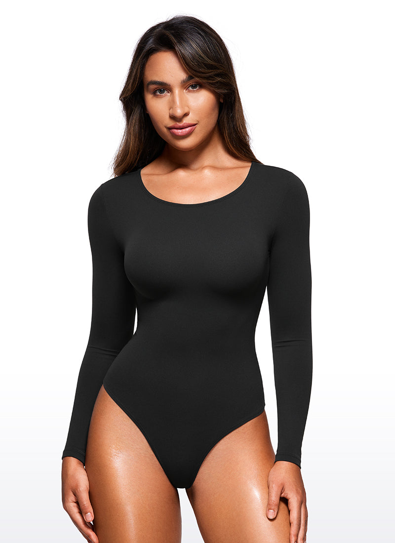 CRZ YOGA Women's Yoga Tight Fit Crew Neck Long Sleeves Bodysuits Black