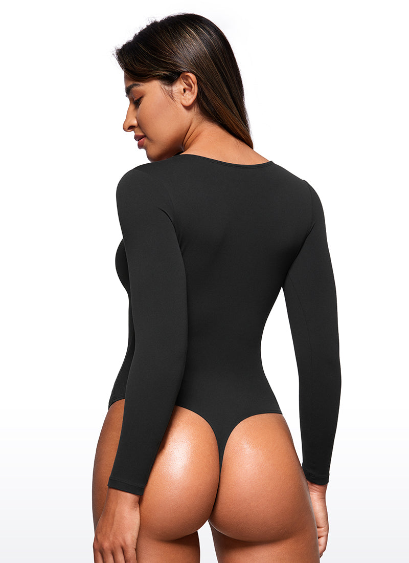 CRZ YOGA Women's Yoga Tight Fit Crew Neck Long Sleeves Bodysuits Black