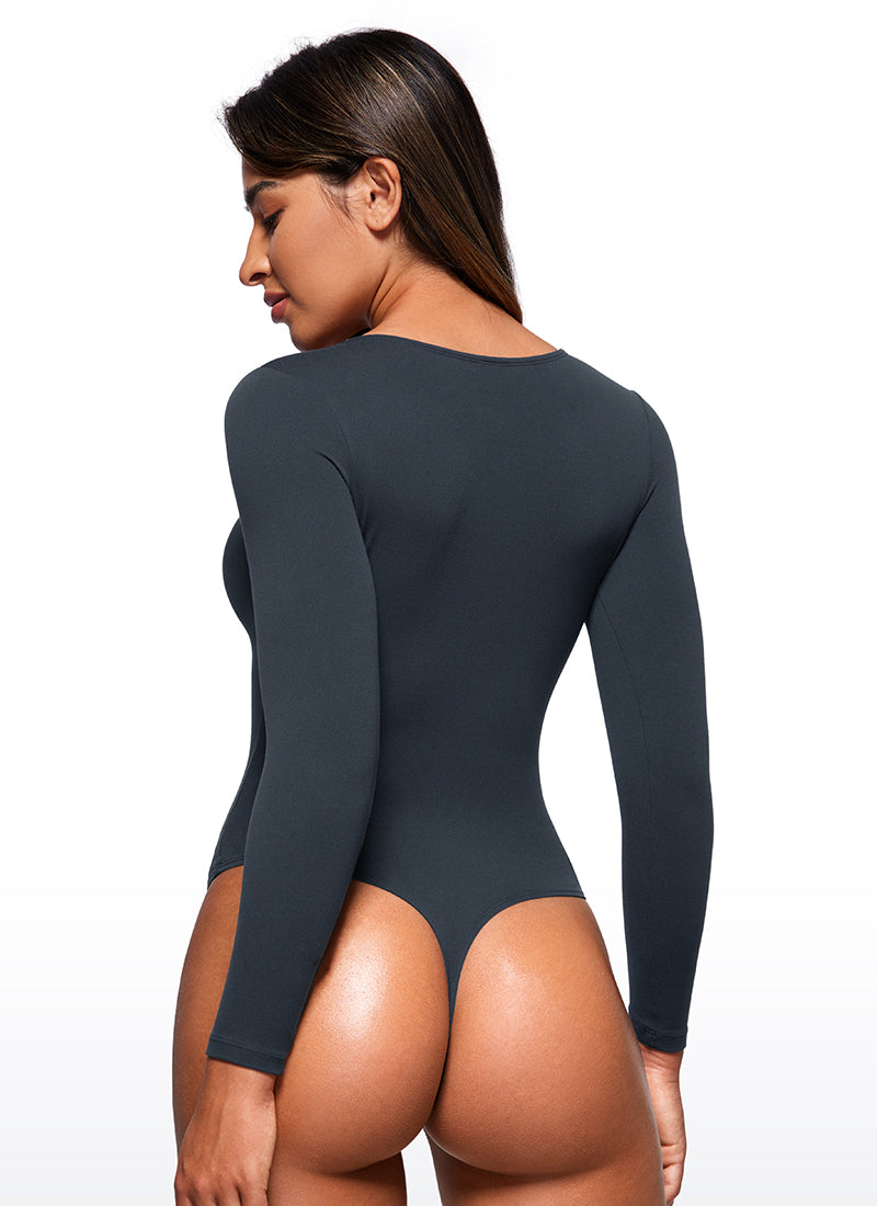 CRZ YOGA Women's Yoga Tight Fit Crew Neck Long Sleeves Bodysuits True Navy