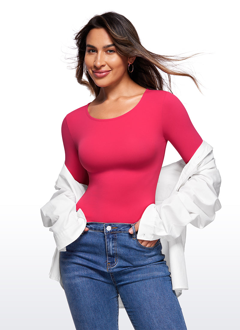 CRZ YOGA Women's Yoga Tight Fit Crew Neck Long Sleeves Bodysuits Viva Magenta
