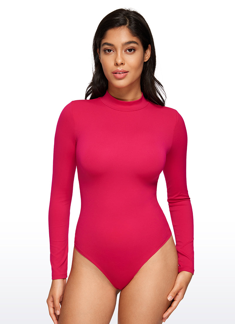 CRZ YOGA Women's Yoga Tight Fit Mock Turtleneck Long Sleeves Bodysuits Viva Magenta