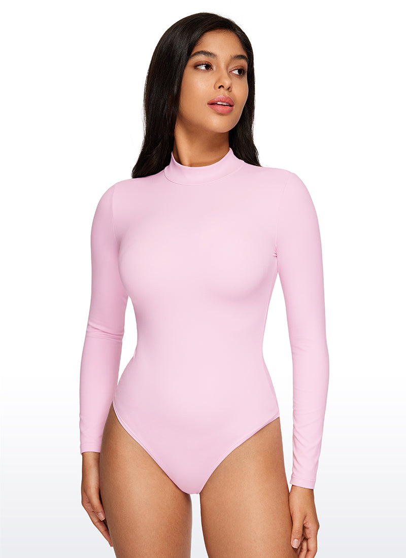 CRZ YOGA Women's Yoga Tight Fit Mock Turtleneck Long Sleeves Bodysuits Pink Peony