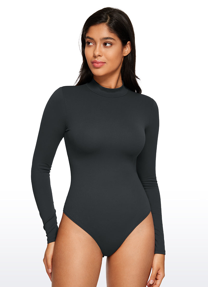 CRZ YOGA Women's Yoga Tight Fit Mock Turtleneck Long Sleeves Bodysuits Melanite