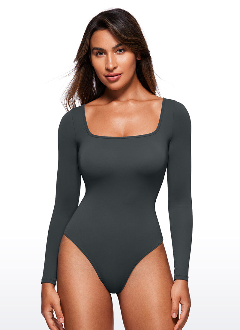 CRZ YOGA Women's Yoga Tight Fit Square Neck Long Sleeves Bodysuits Melanite