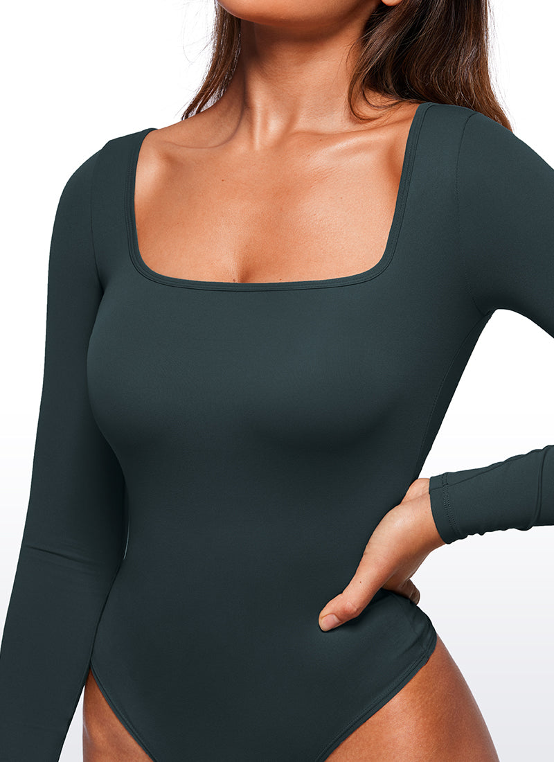 CRZ YOGA Women's Yoga Tight Fit Square Neck Long Sleeves Bodysuits Forest Dark Green