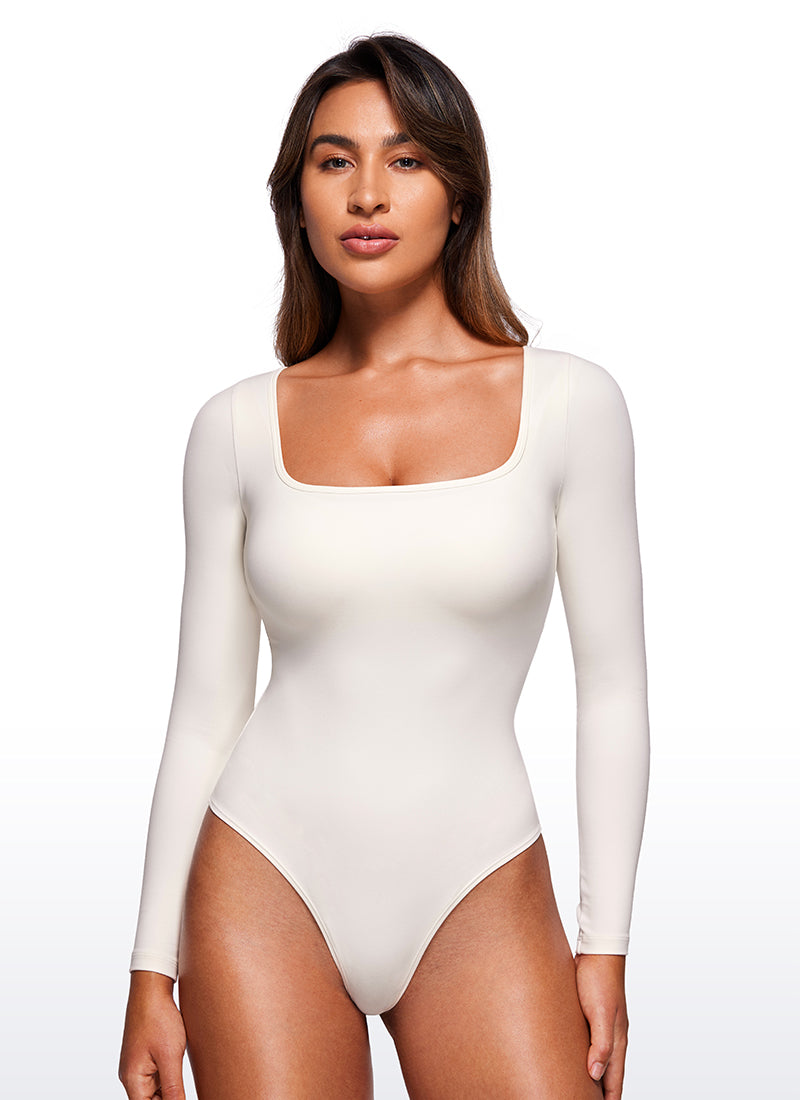 CRZ YOGA Women's Yoga Tight Fit Square Neck Long Sleeves Bodysuits White Apricot