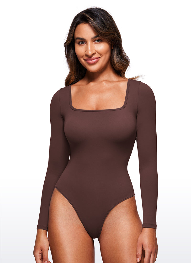 CRZ YOGA Women's Yoga Tight Fit Square Neck Long Sleeves Bodysuits Taupe