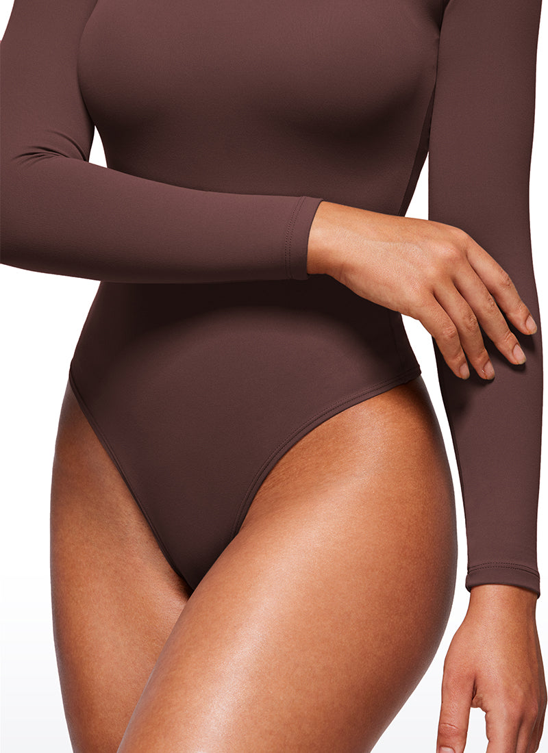 CRZ YOGA Women's Yoga Tight Fit Square Neck Long Sleeves Bodysuits Taupe