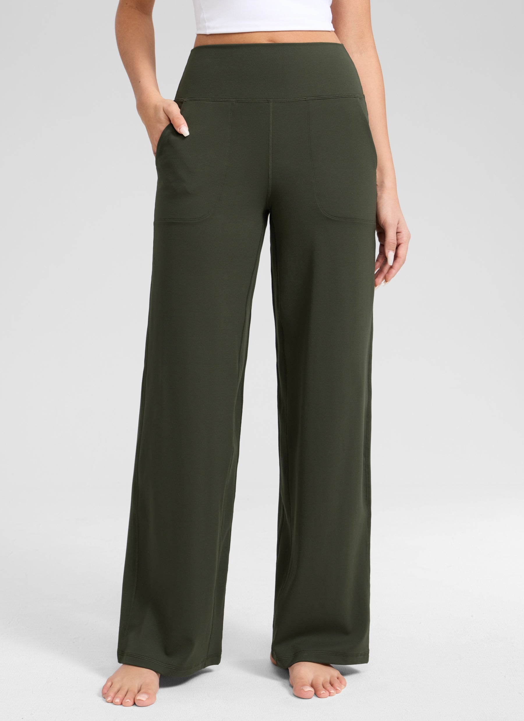 CRZ YOGA Women's Butterlift High Waisted Wide Leg Pants with Pockets Olive Green