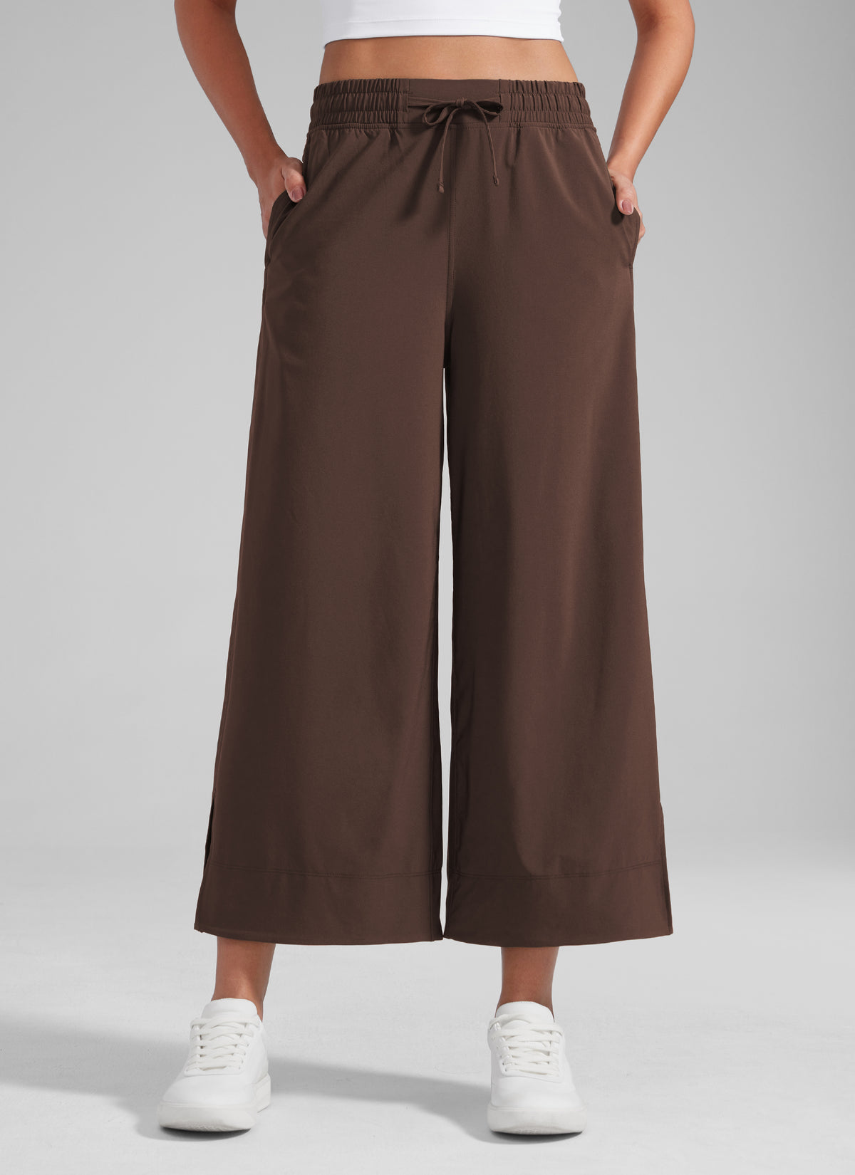 CRZ YOGA Women's  Causal High Waisted Wide Leg Pockets Pants 25'' Hot Fudge Brown @model_info:Jenna