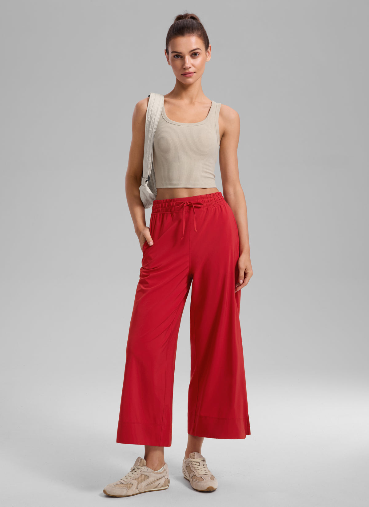 CRZ YOGA Women's  Causal High Waisted Wide Leg Pockets Pants 25'' Ruby Red @model_info:G