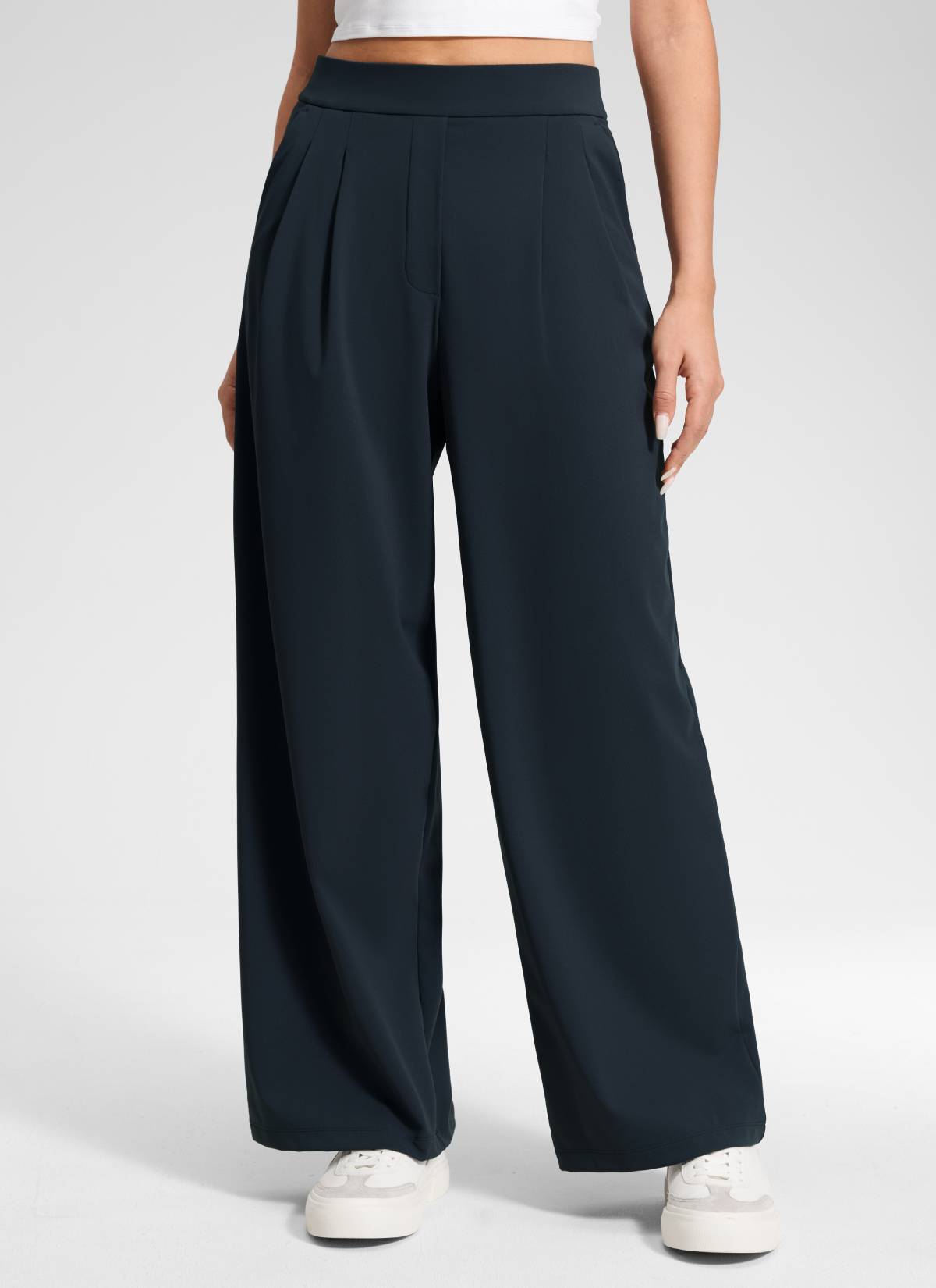 CRZ YOGA Women's Business High Rise Drawstring Pocket Wide Leg Pant True Navy @model_info:Anano