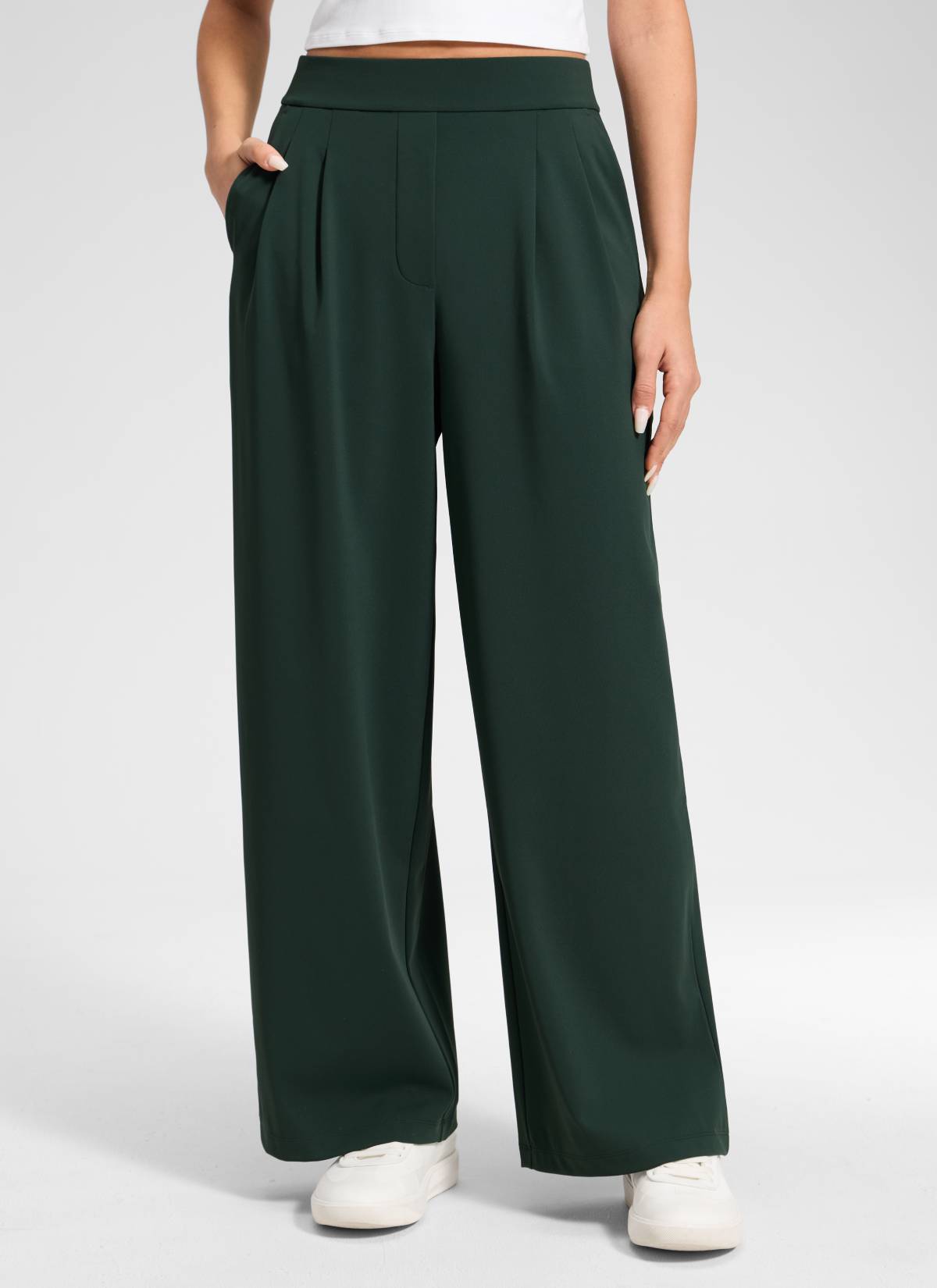 CRZ YOGA Women's Business High Rise Drawstring Pocket Wide Leg Pant Legend Green @model_info:Anano