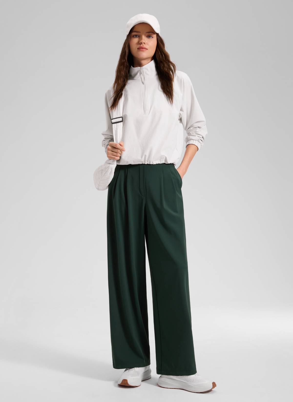 CRZ YOGA Women's Business High Rise Drawstring Pocket Wide Leg Pant Legend Green @model_info:Anano