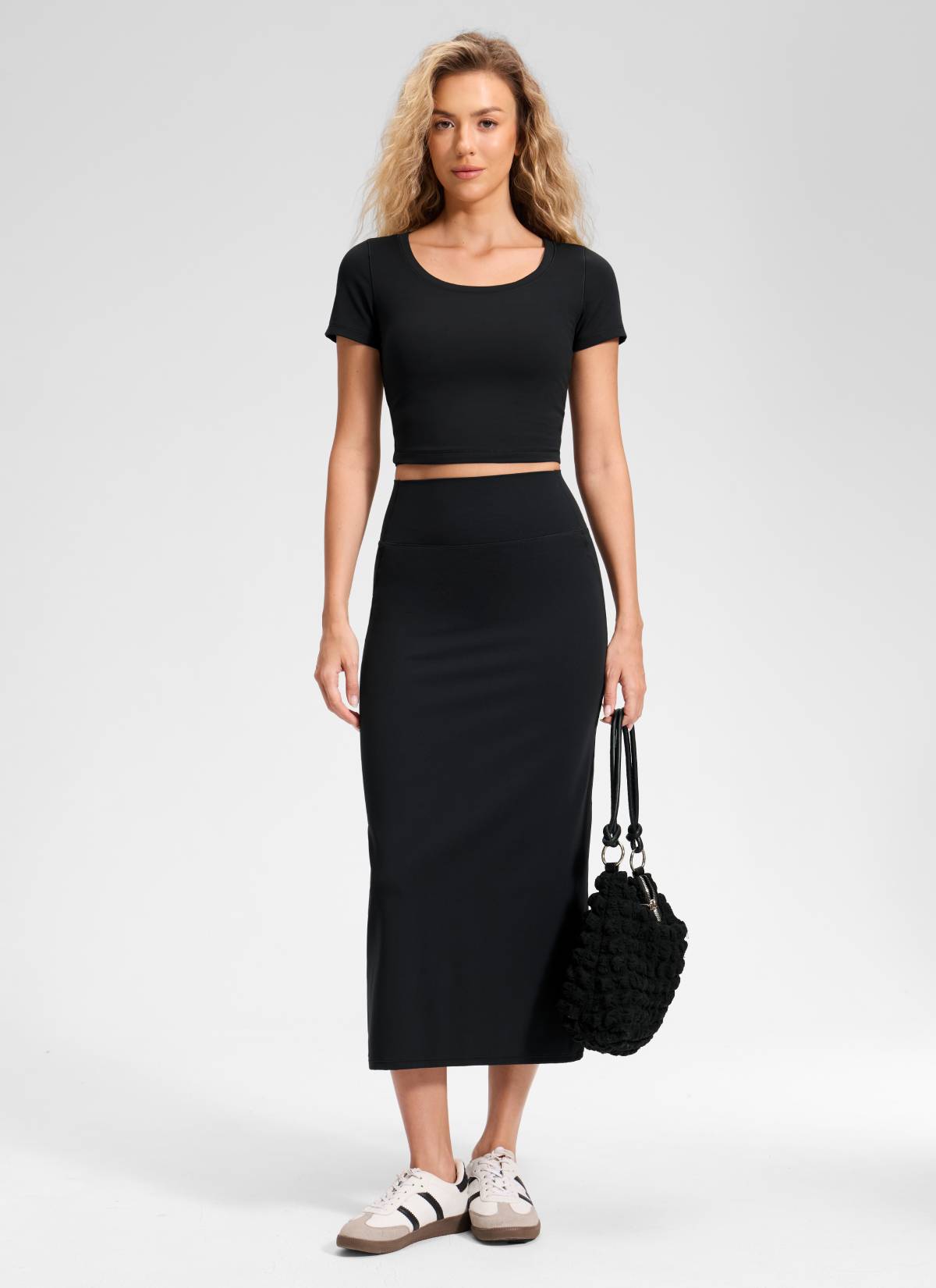 CRZ YOGA Women's Butterlift High Rise Slim Fit Maxi Pencil Skirt Black @model_info:Anna