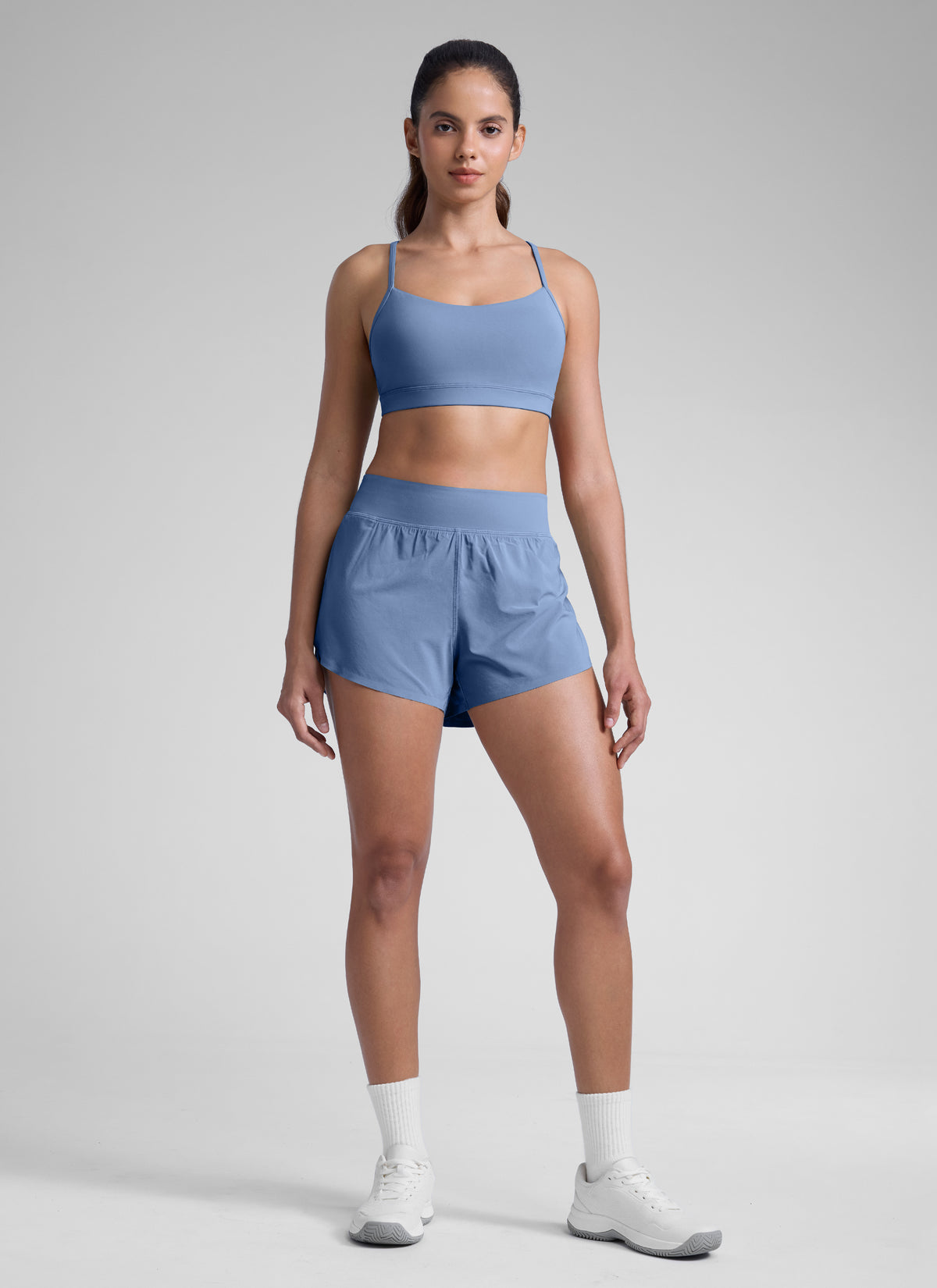 CRZ YOGA Women's Running High Rise Mesh Lined Shorts 3'' Workout Short Oasis Blue @model_info:Dany