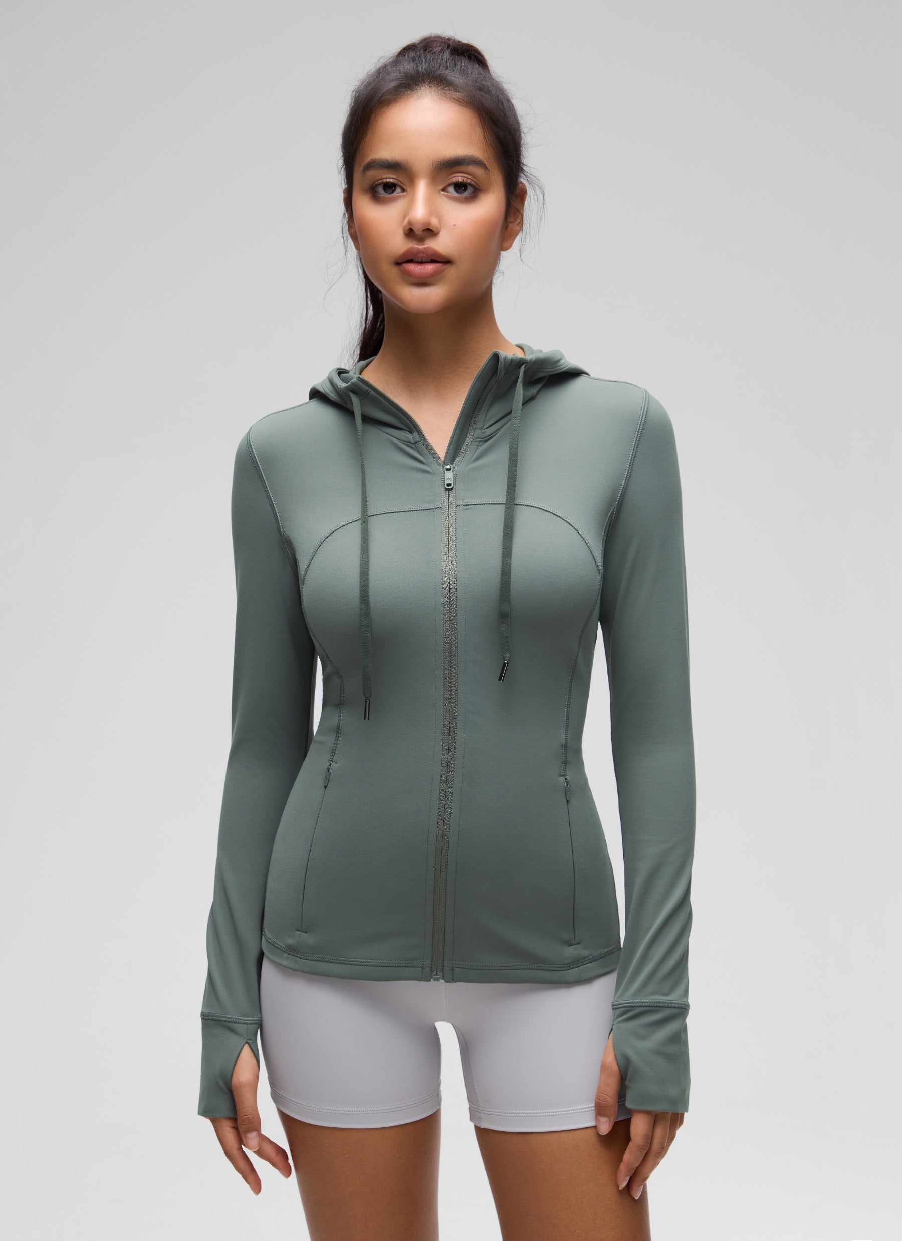 CRZ YOGA Women's Butterluxe Slim Fit Pocket Outerwear Full Zip Hoodies Grey Sage
