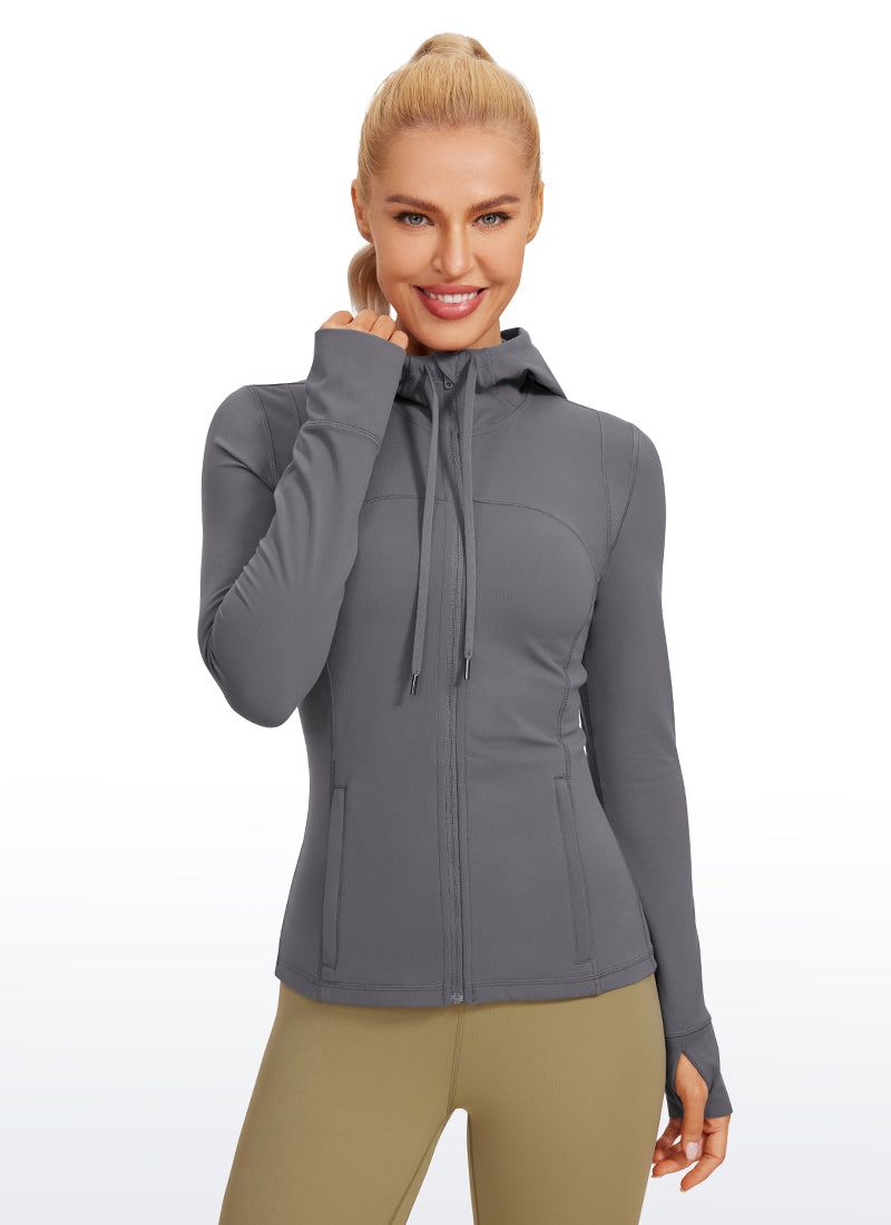 CRZ YOGA Women's Butterluxe Slim Fit Pocket Outerwear Full Zip Hoodies Dark Carbon