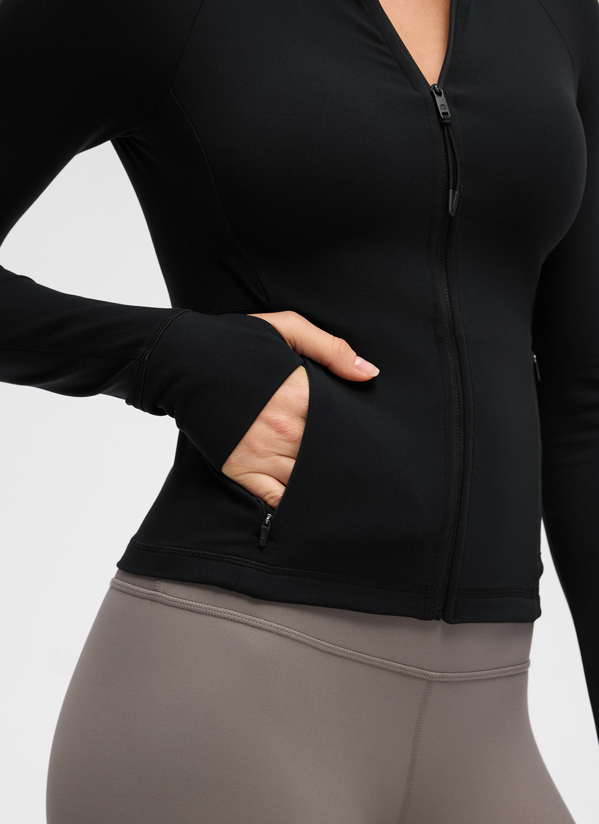 CRZ YOGA Women's Butterluxe Casual V Neck Waist Length Pocket Jacket Black @model_info:Anja