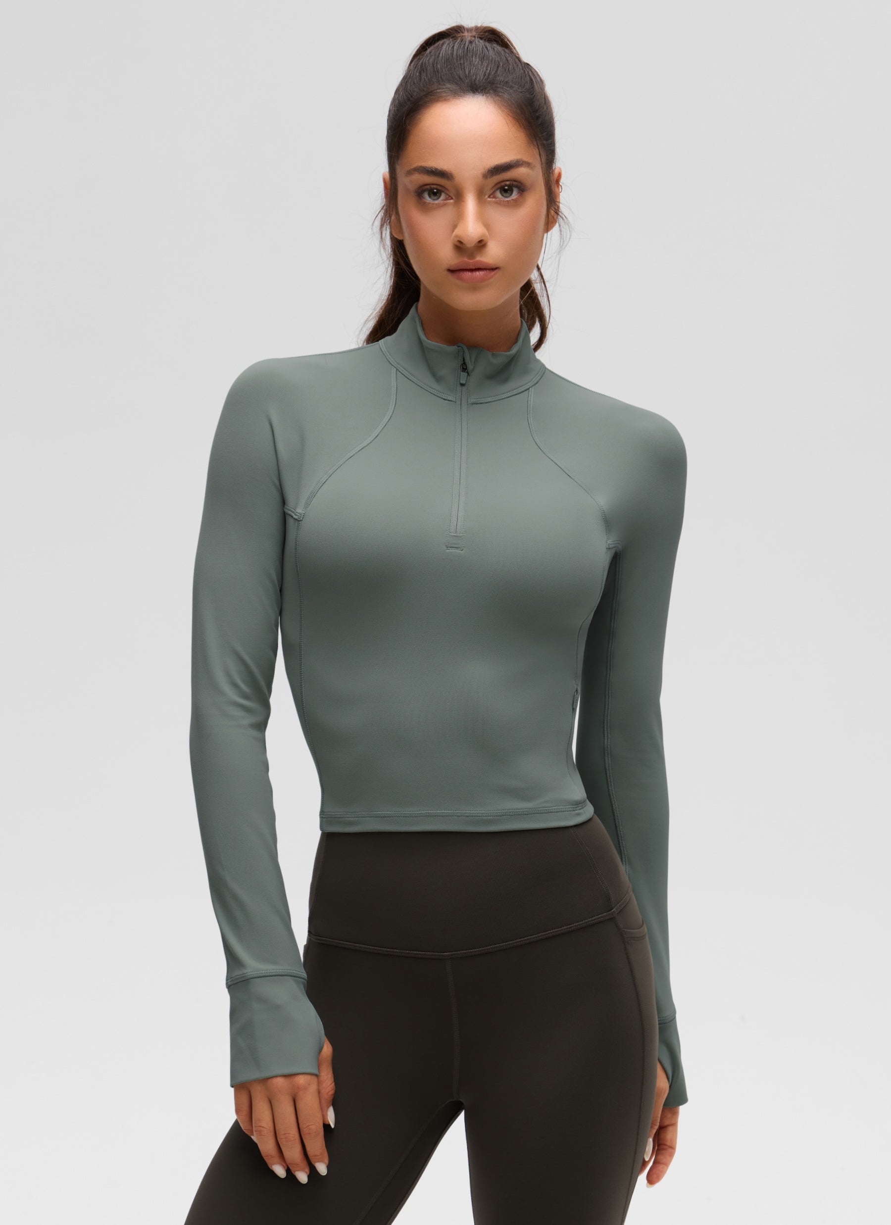 CRZ YOGA Women's Yoga Slim Fit Tops Butterluxe Half-Zip Long Sleeve Grey Sage