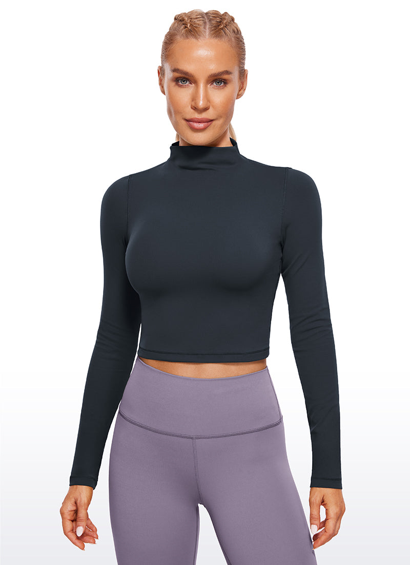 CRZ YOGA Women's Slim Fit Butterluxe Yoga Crop Long Sleeves Mock Turtleneck True Navy @model_info:NAT