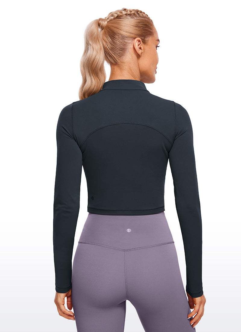 CRZ YOGA Women's Slim Fit Butterluxe Yoga Crop Long Sleeves Mock Turtleneck True Navy