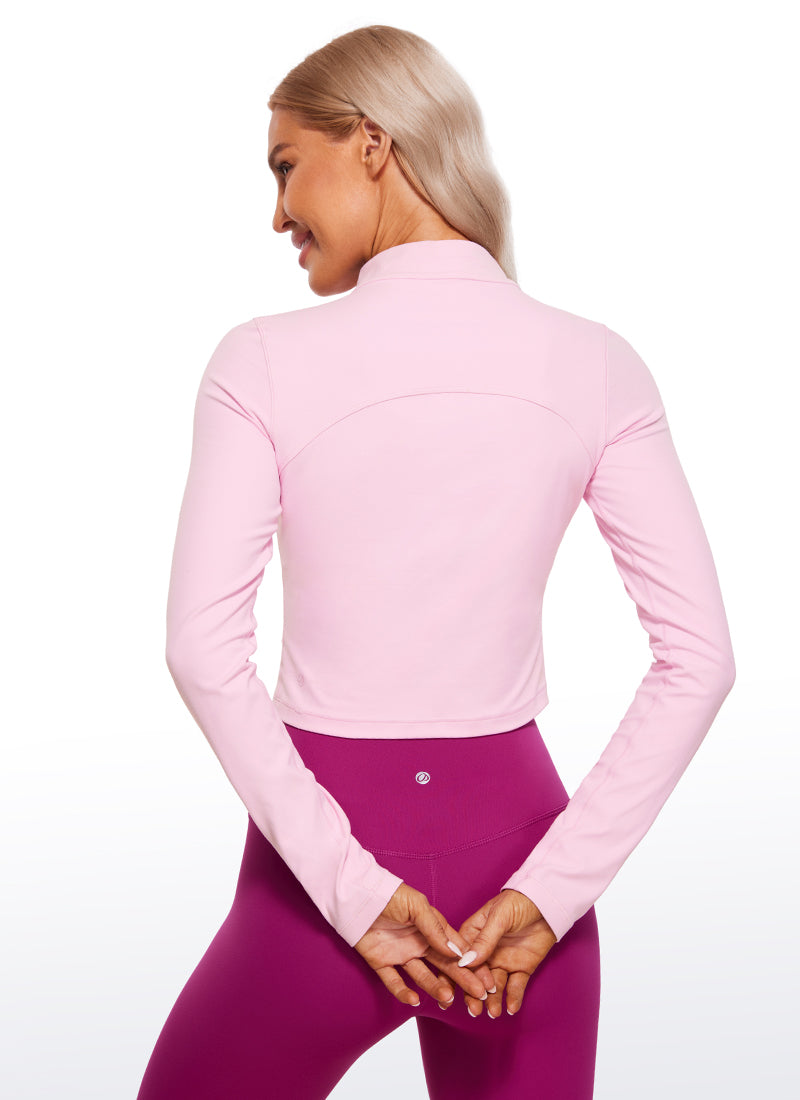 CRZ YOGA Women's Slim Fit Butterluxe Yoga Crop Long Sleeves Mock Turtleneck Pink Peony @model_info:NAT